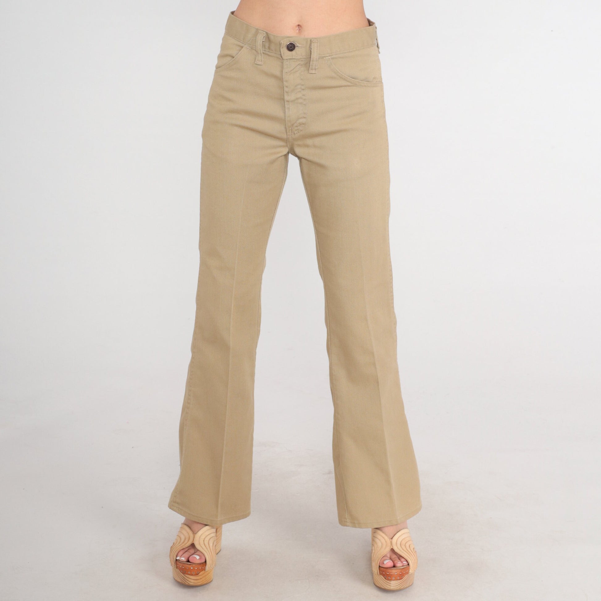 70s Mr. Leggs Khaki Flared Trousers Mid Rise Bell Bottoms Small