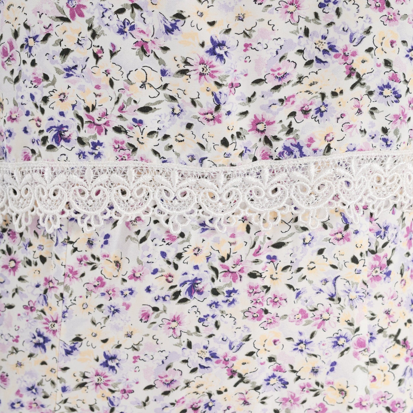 90s Floral Midi Dress White Lace Trim Short Sleeve Shift Medium