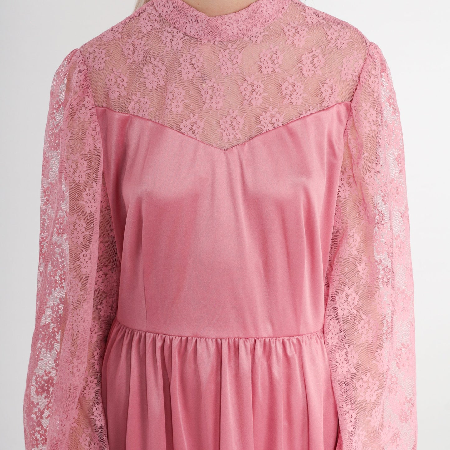 70s Pink Mini Dress Lace Neckline High Waist Long Sleeve Medium