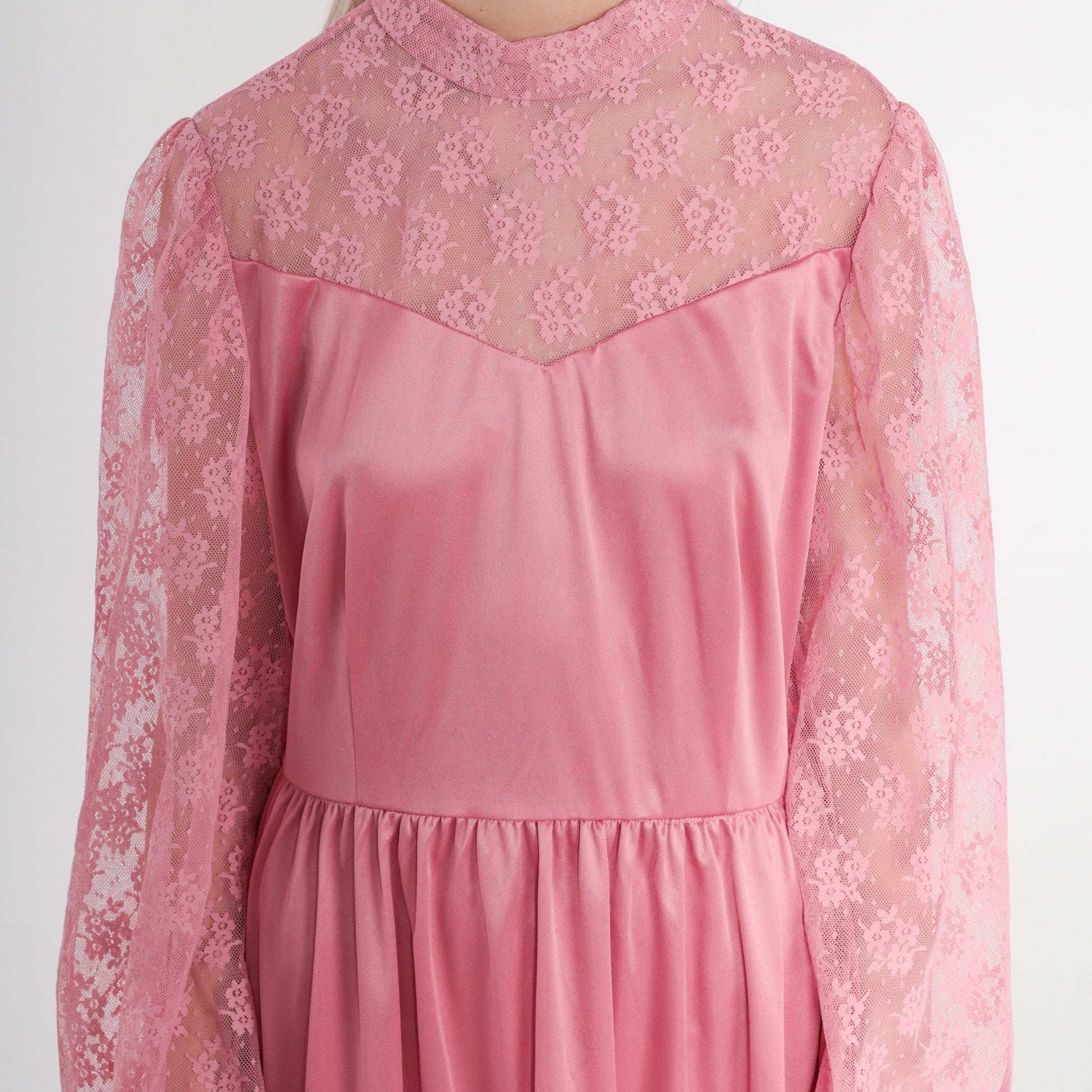 70s Pink Mini Dress Lace Neckline High Waist Long Sleeve Medium