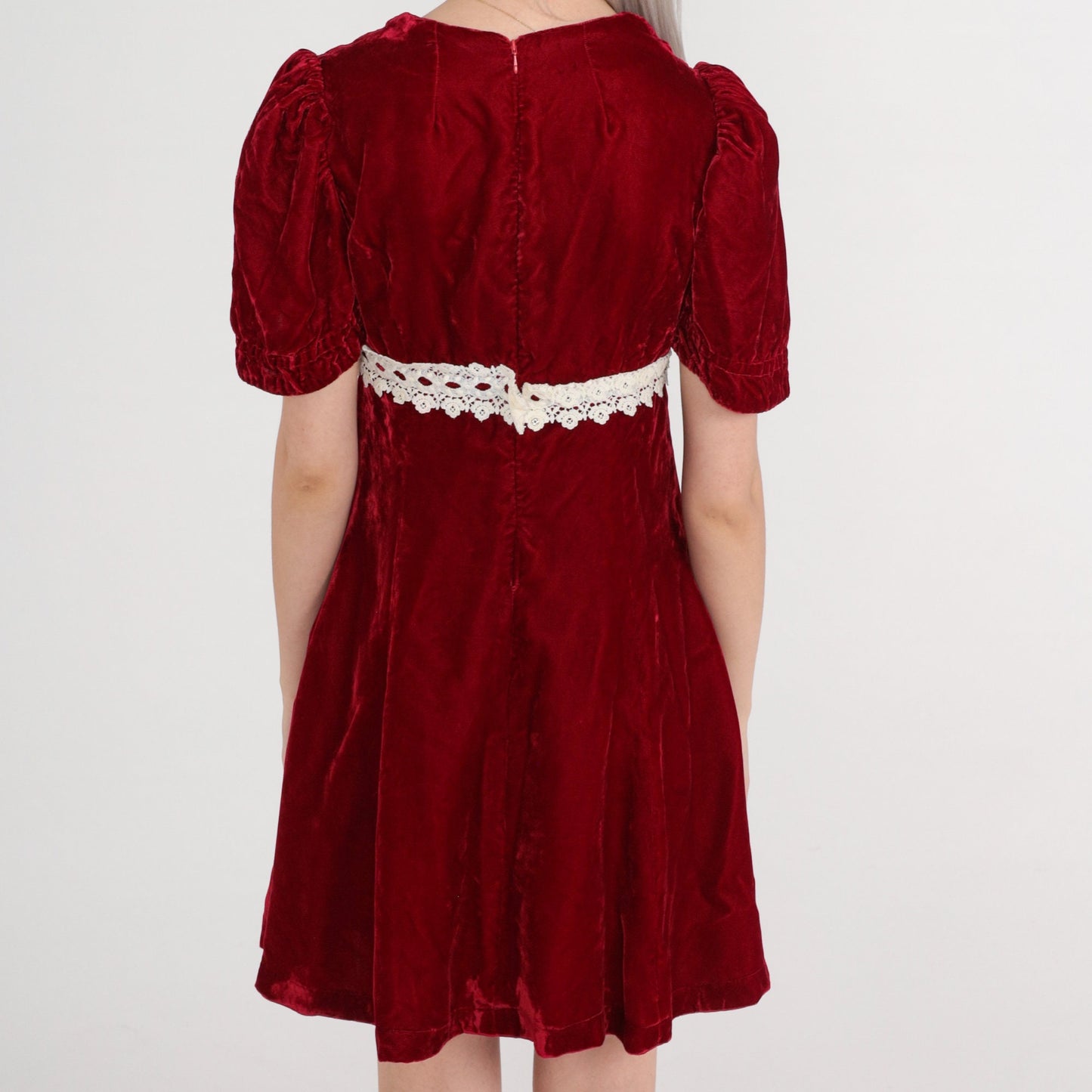 70s Red Velvet Mini Dress Puff Sleeve Empire Waist Lace Trim Small
