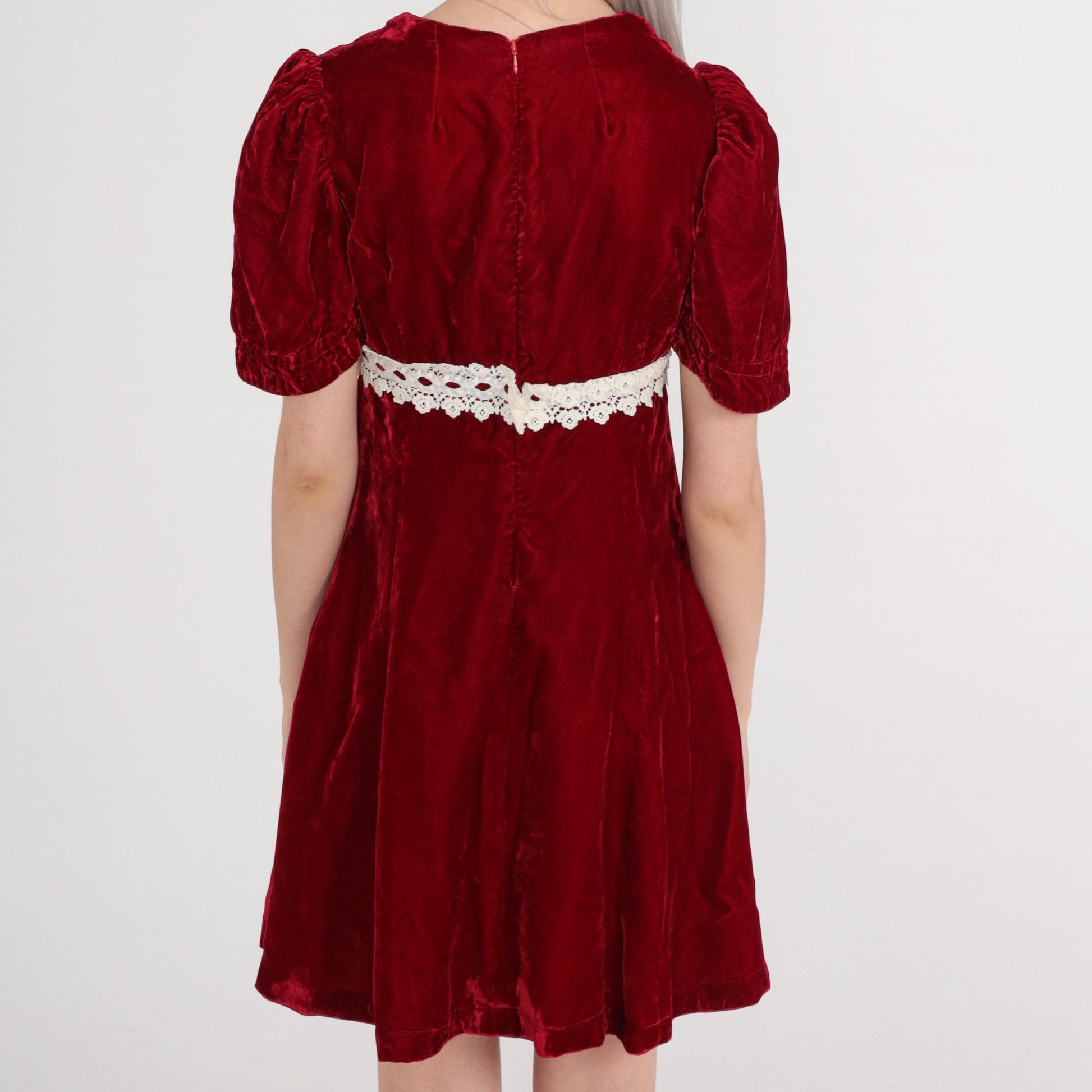 70s Red Velvet Mini Dress Puff Sleeve Empire Waist Lace Trim Small