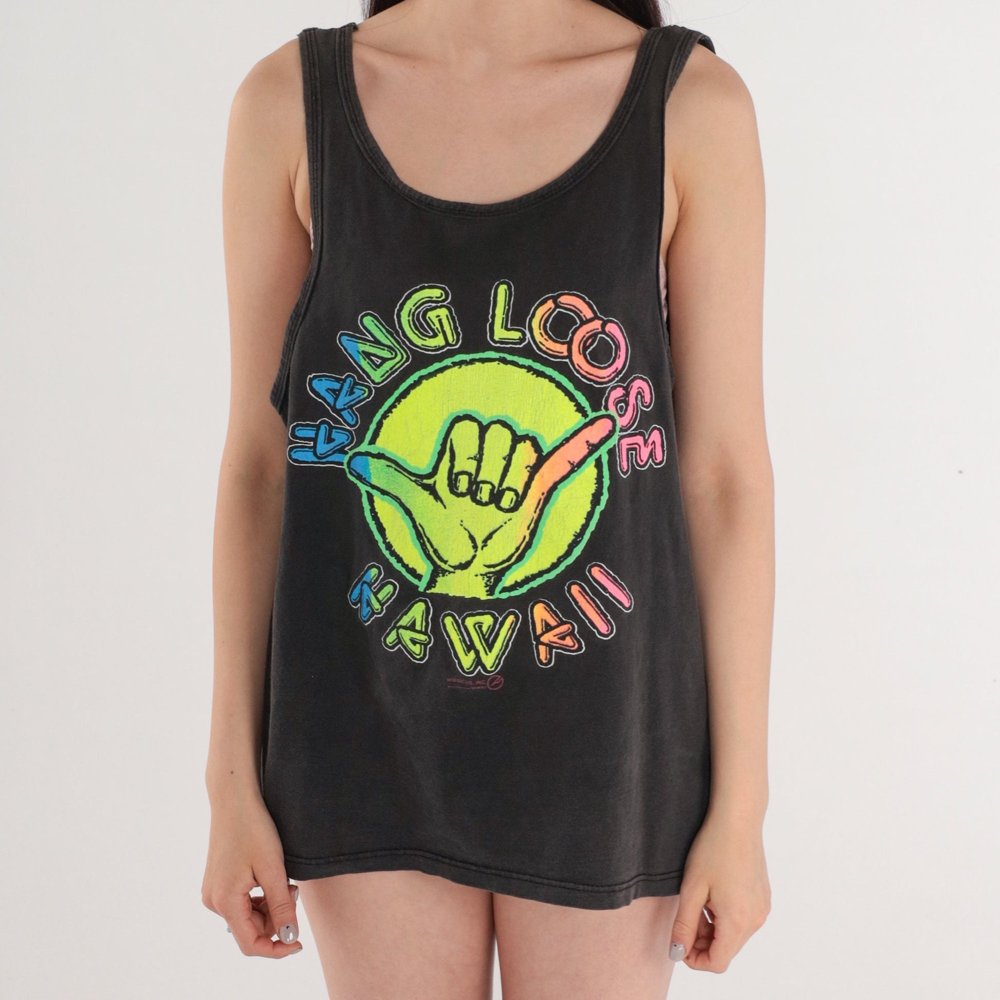 80s Hang Loose Hawaii Shaka Graphic Tank Top Black Neon Medium Large