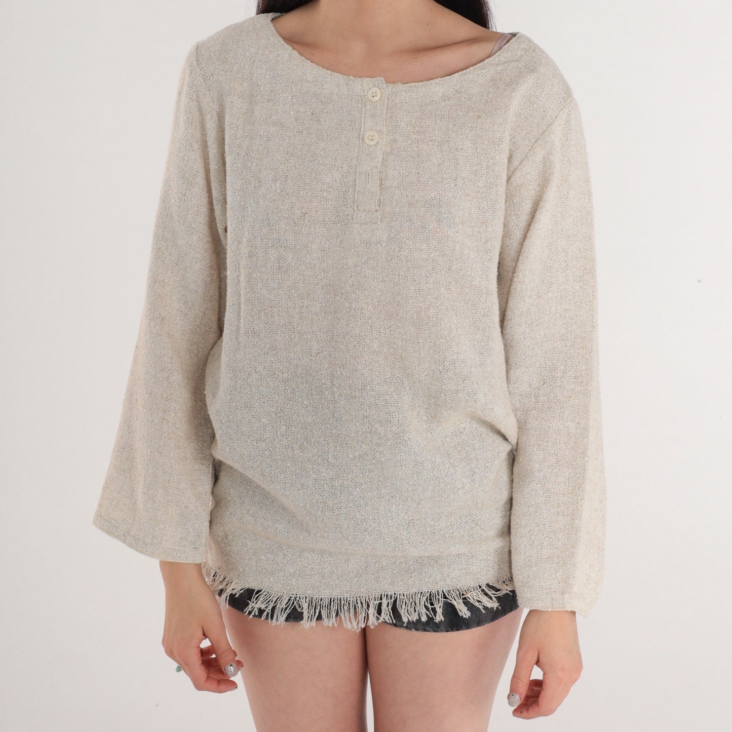 90s Jones New York Oatmeal Woven Henley Fringe Blouse Medium M
