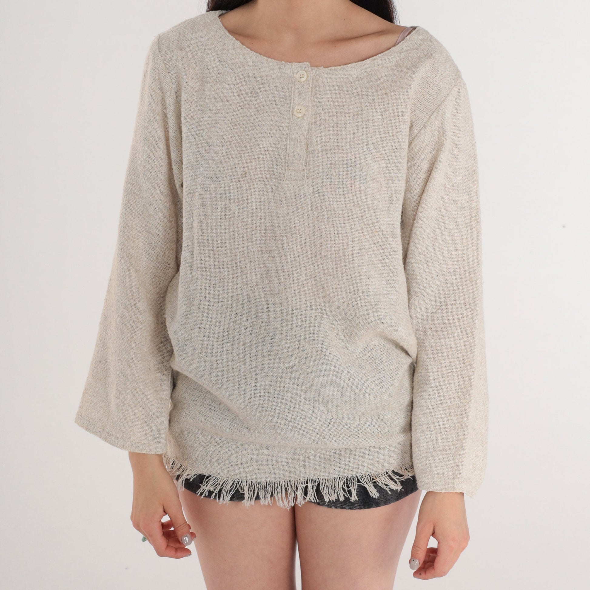 90s Jones New York Oatmeal Woven Henley Fringe Blouse Medium M