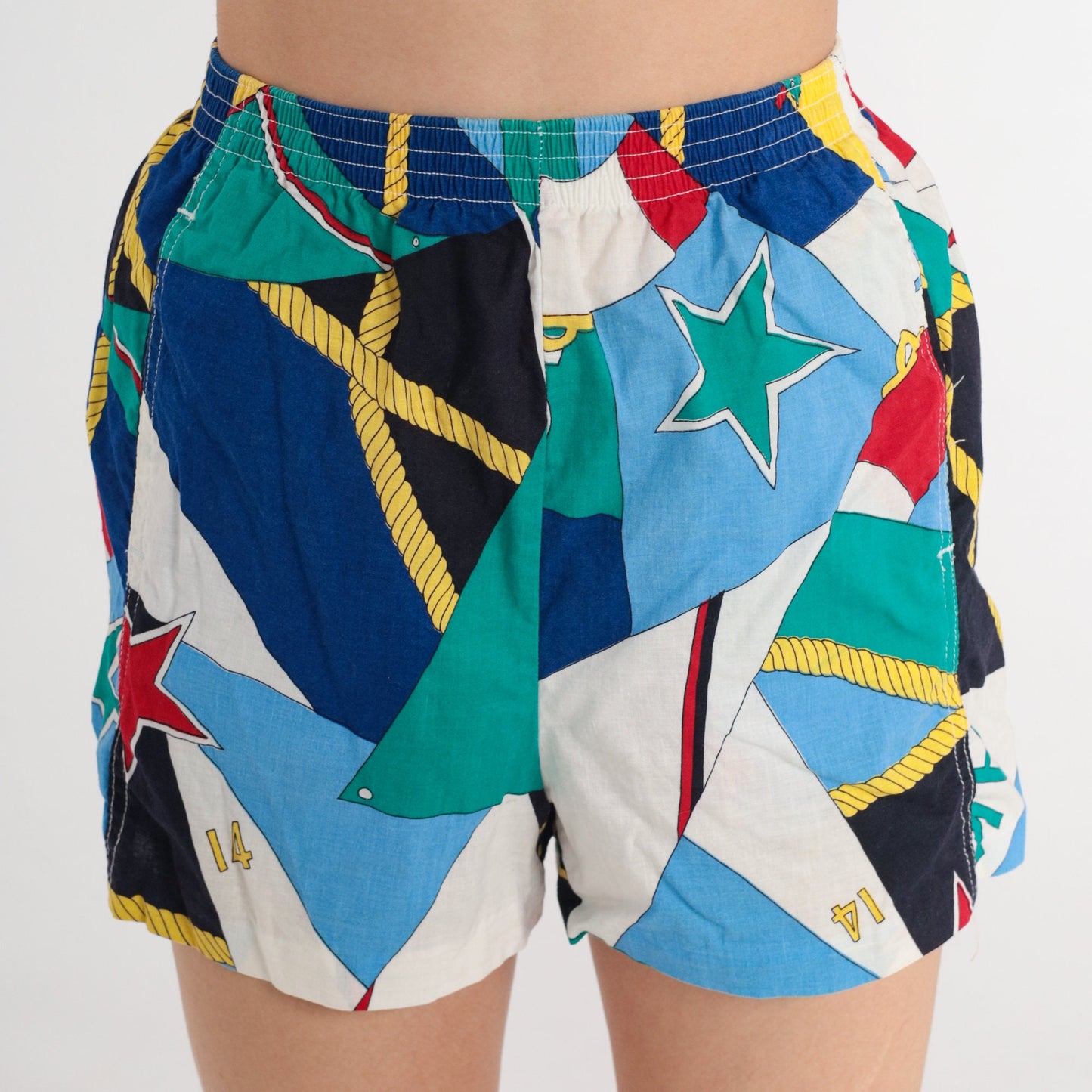 80s Nautical Abstract Print Shorts High Waist Elastic Cotton Blue Green XS