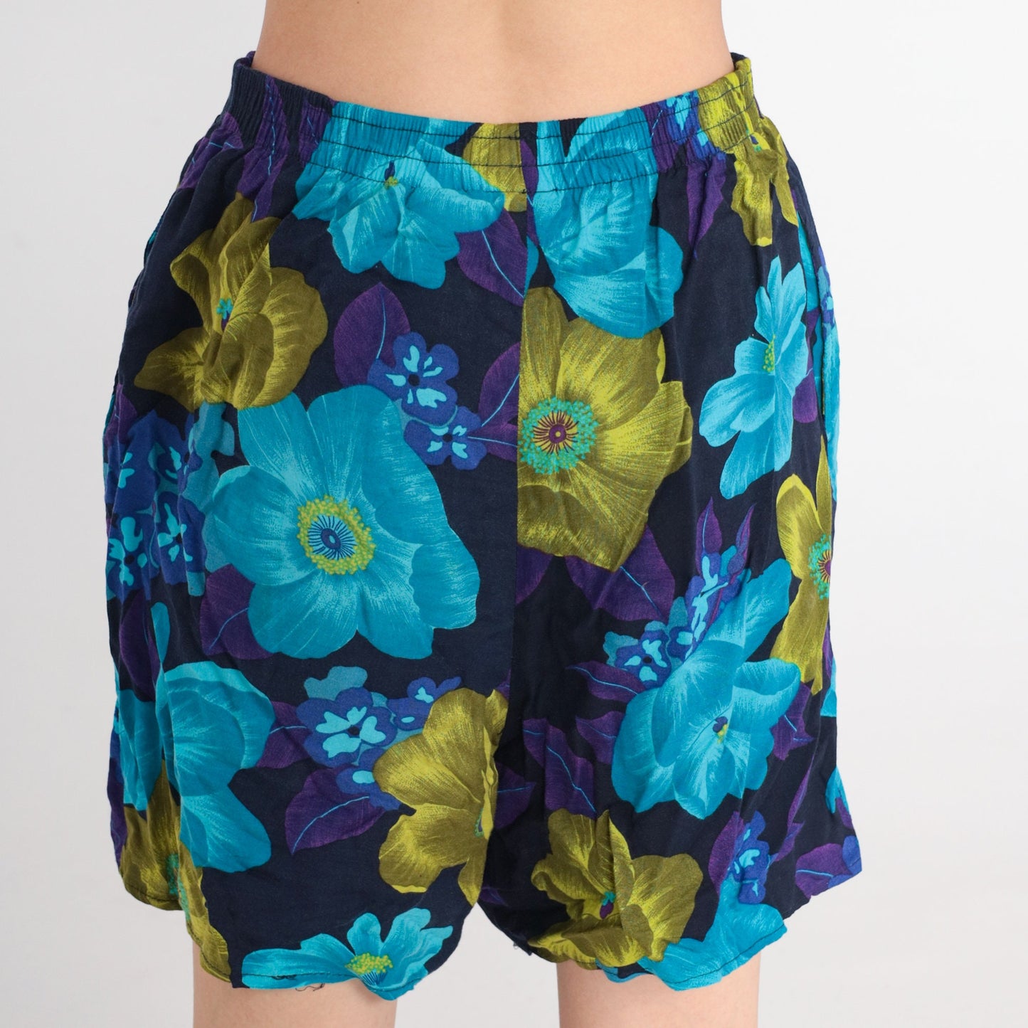 90s Tropical Floral Print Shorts High Elastic Waist Blue Purple Green Medium