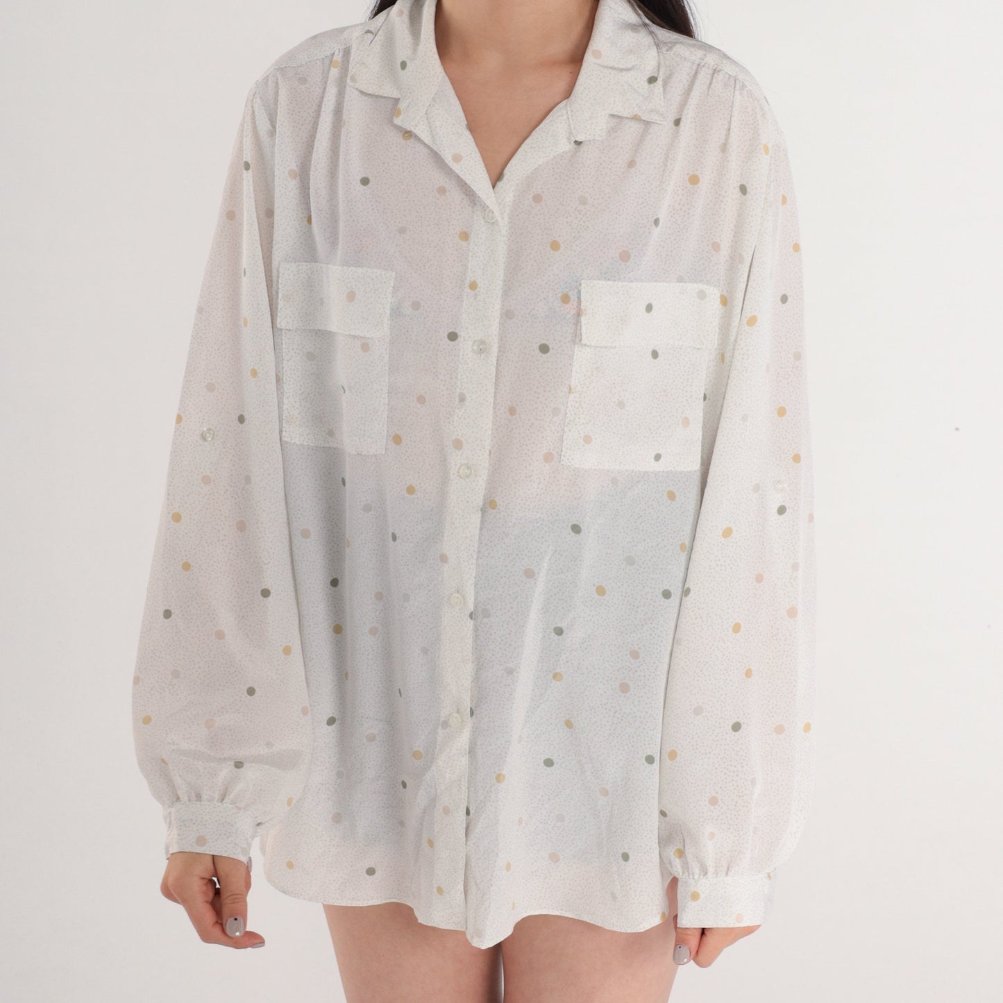80s Polka Dot Button-Up Blouse White Semi-Sheer Long Sleeve Collared Shirt Extra Large XL