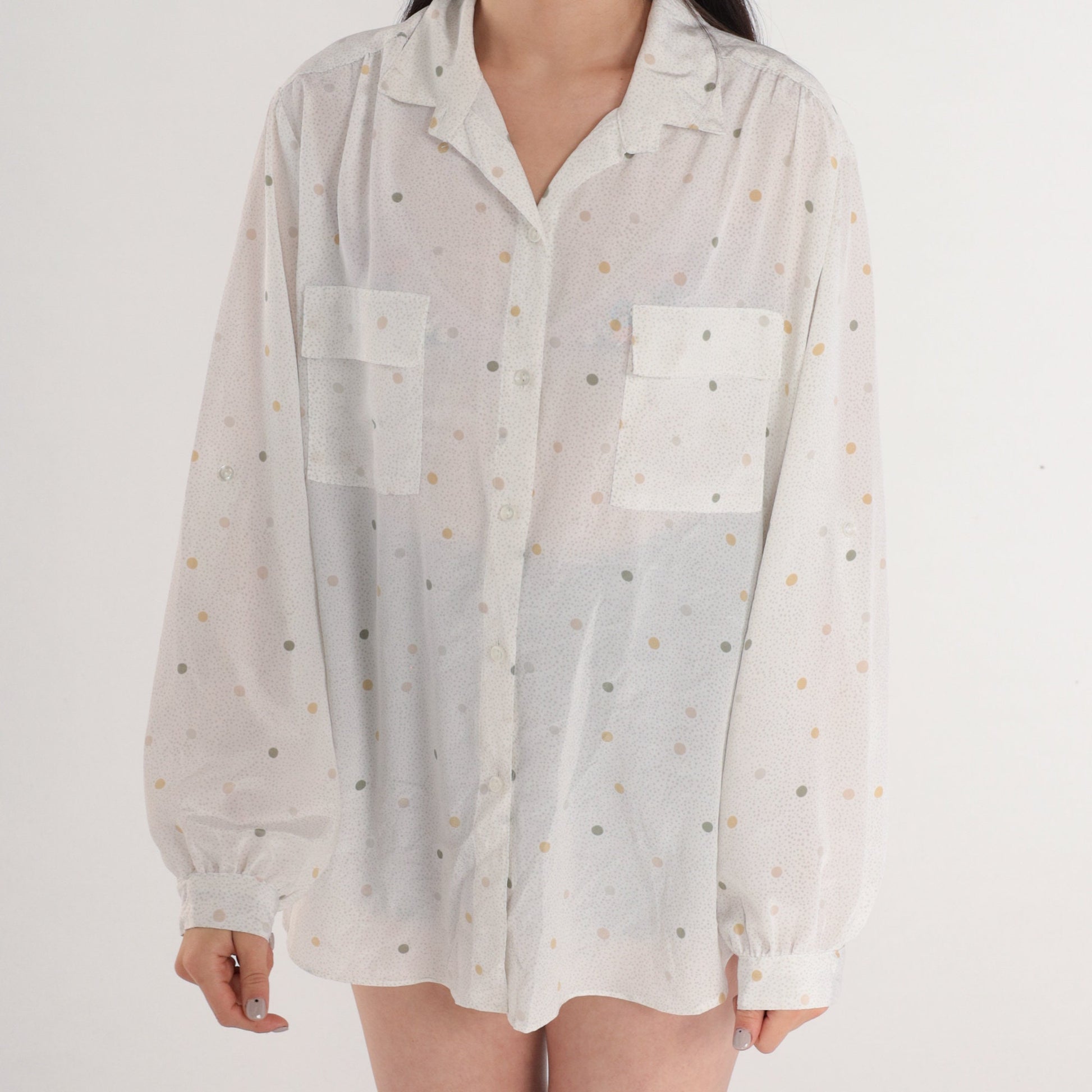 80s Polka Dot Button-Up Blouse White Semi-Sheer Long Sleeve Collared Shirt Extra Large XL