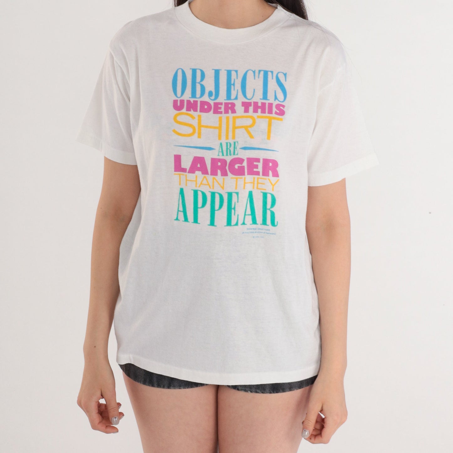90s Objects Under This Shirt are Larger Than They Appear Graphic Tee White Small