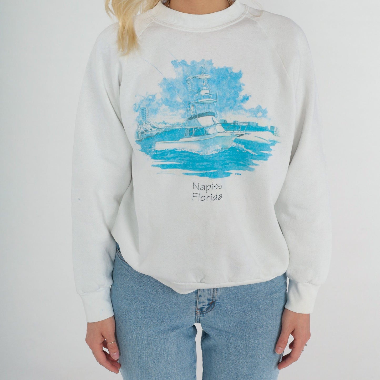 90s Naples Florida Boat Sweatshirt White Raglan Graphic Crewneck Medium Large