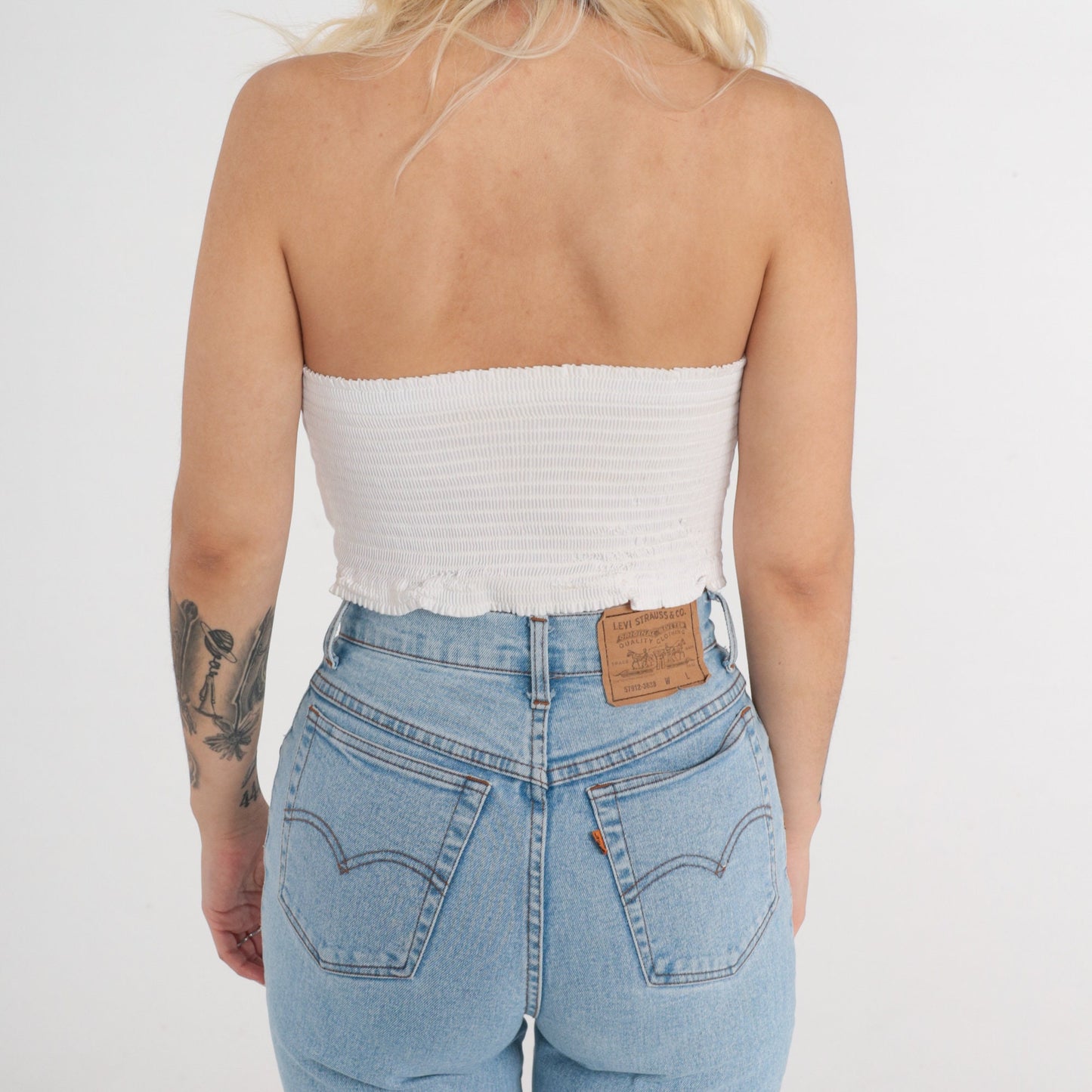 80s White Bustier Crop Top Pearl Beaded Sweetheart Neckline Smocked Medium