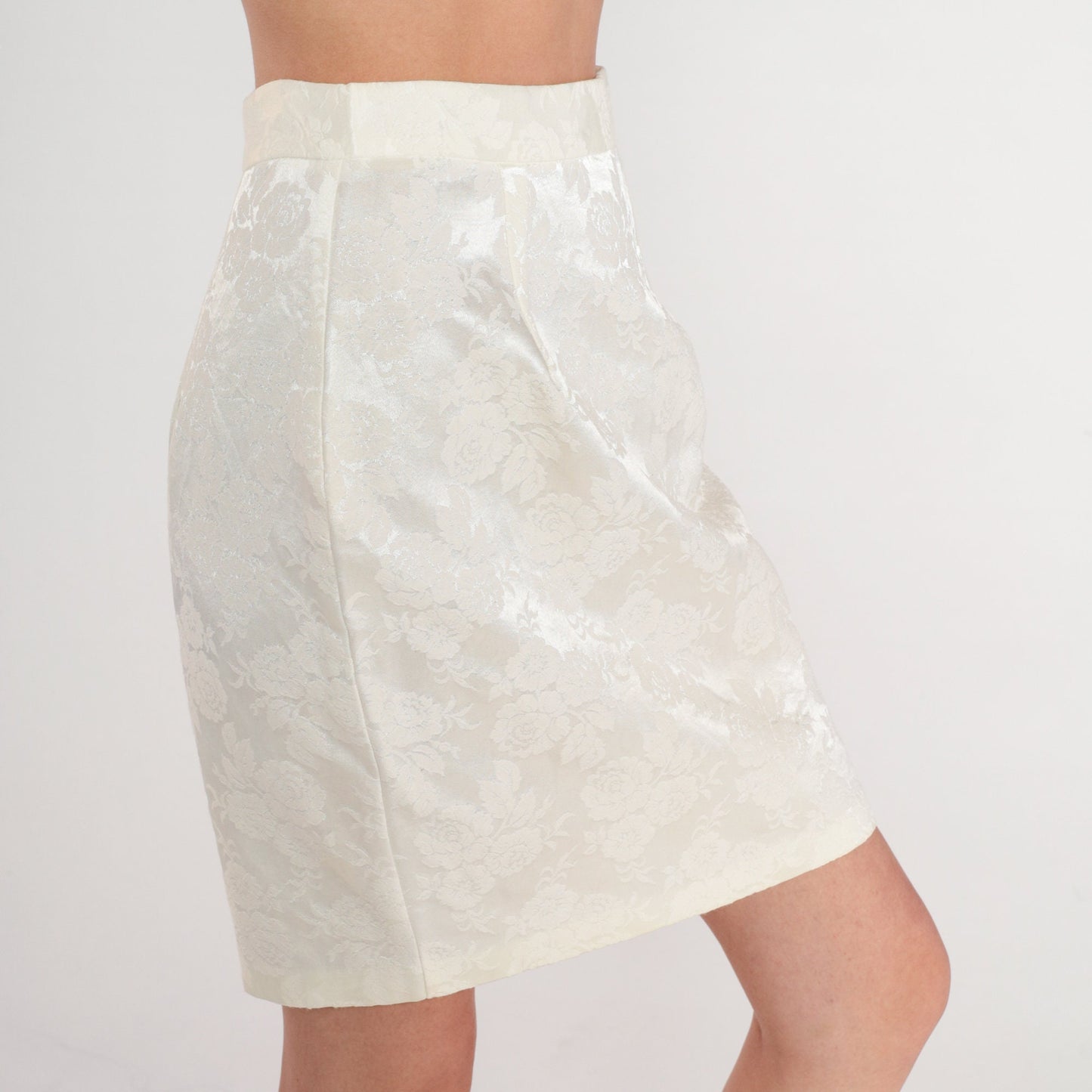 80s White Floral Embossed Mini Skirt High Waisted Pencil Extra Small XS