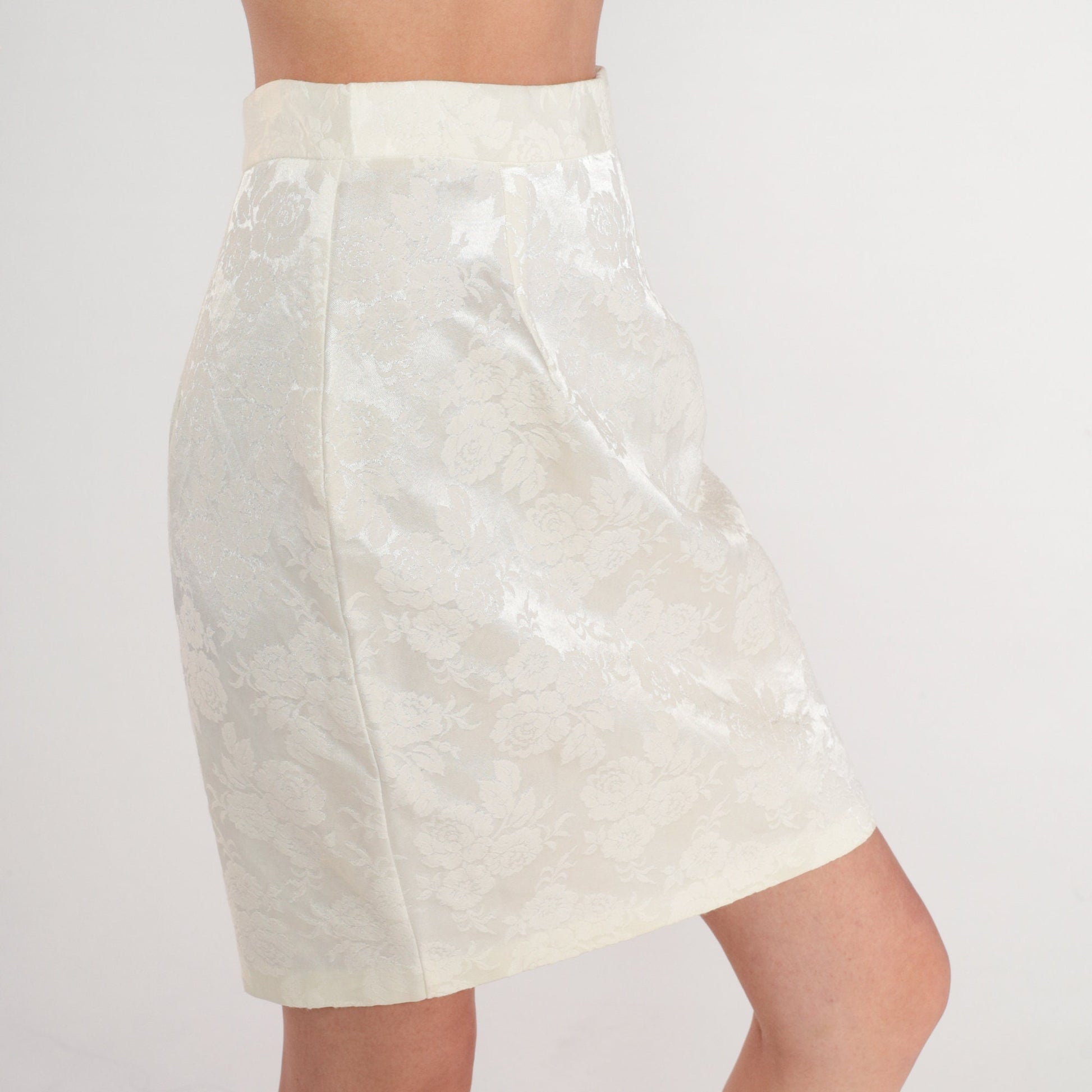 80s White Floral Embossed Mini Skirt High Waisted Pencil Extra Small XS