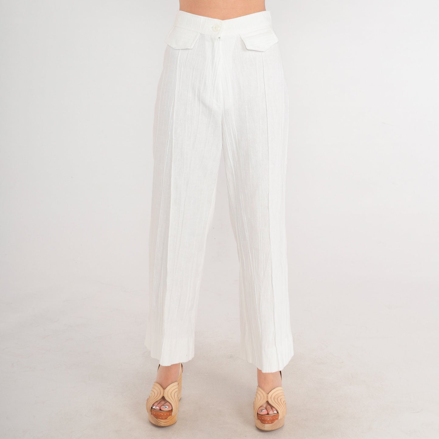 70s White Crinkled High-Rise Wide-Leg Trousers Pleated Straight Leg XS