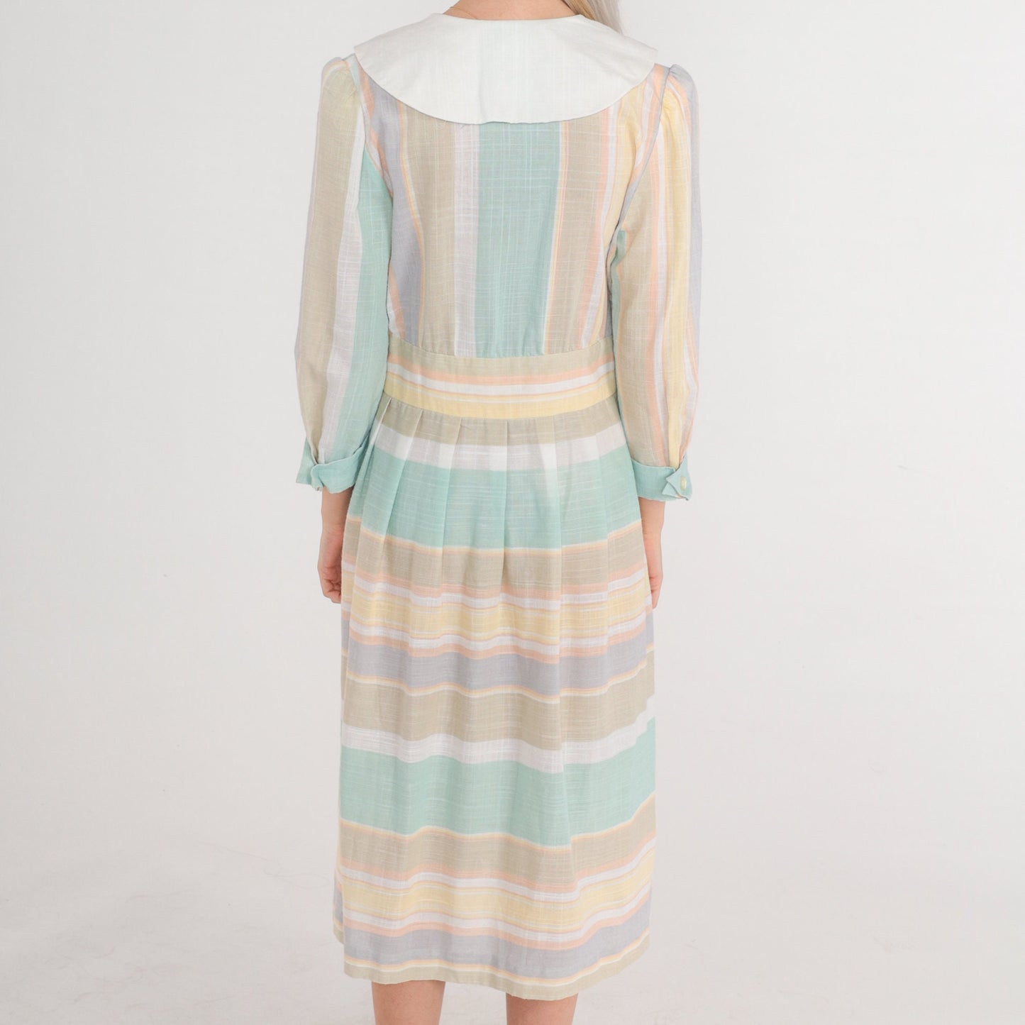 80s Striped Wrap Midi Dress Puff Sleeve Layered Collar Button Up Medium Large