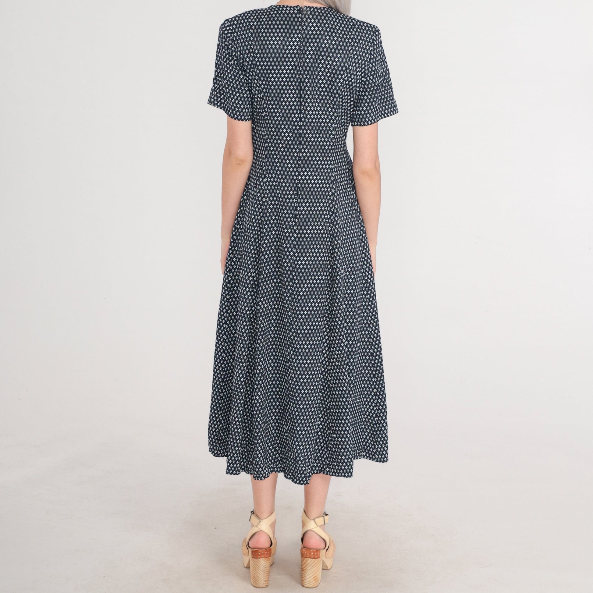 80s Navy Floral Midi Dress Lace-Up Corset Front Short Sleeve Medium M