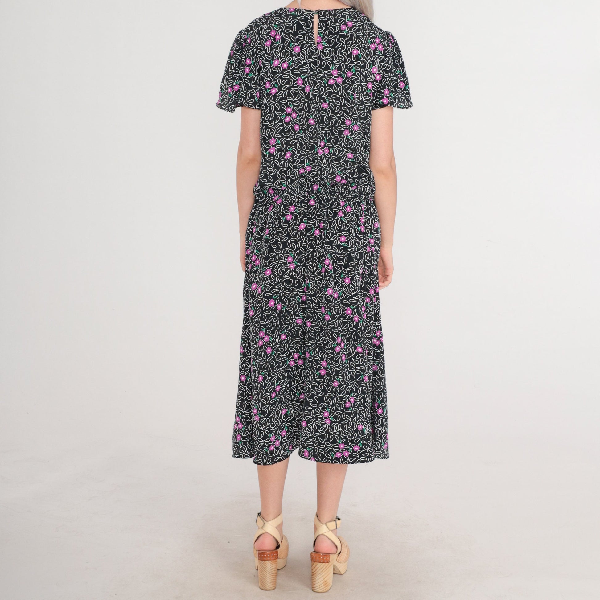 80s Black Paisley Floral Midi Dress Flutter Sleeve Keyhole Back Medium