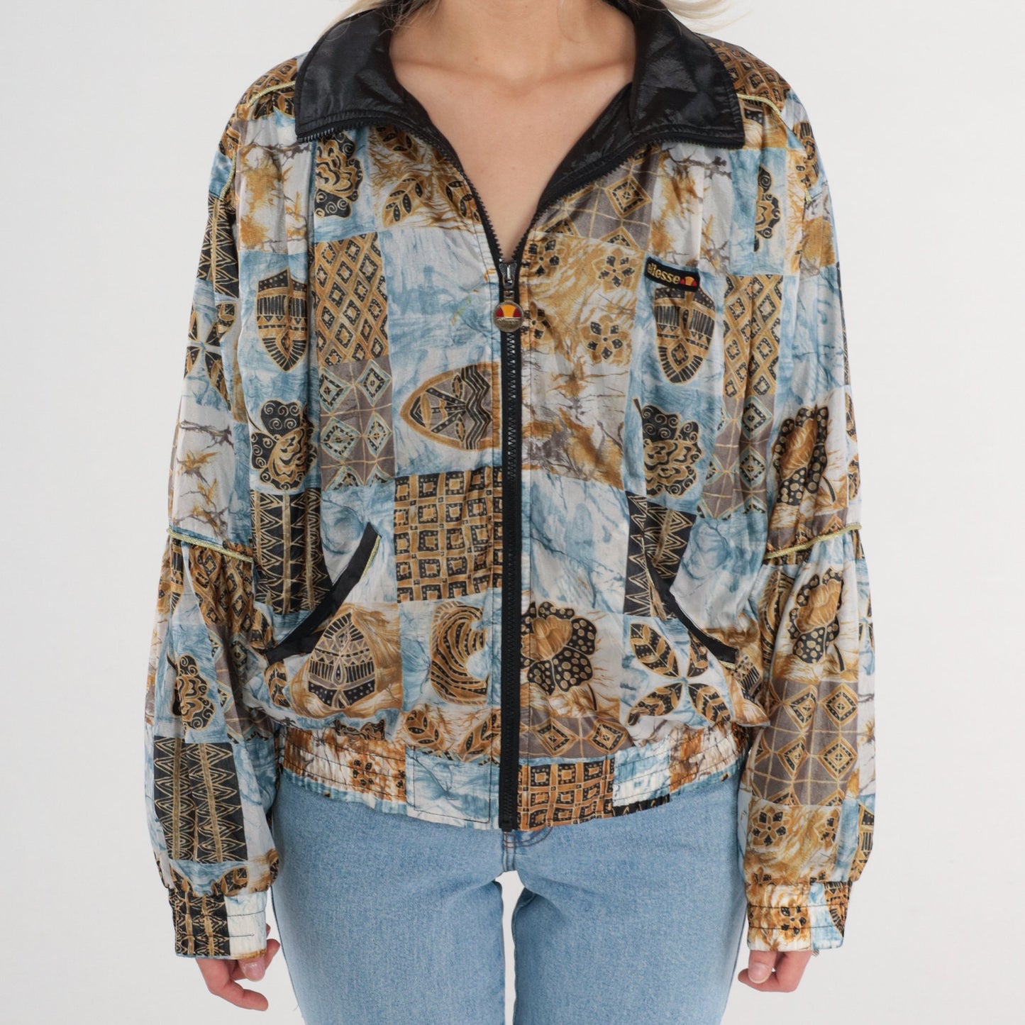 80s Ellesse Windbreaker Jacket Blue White Marble Geometric Floral Print Zip Bomber XS