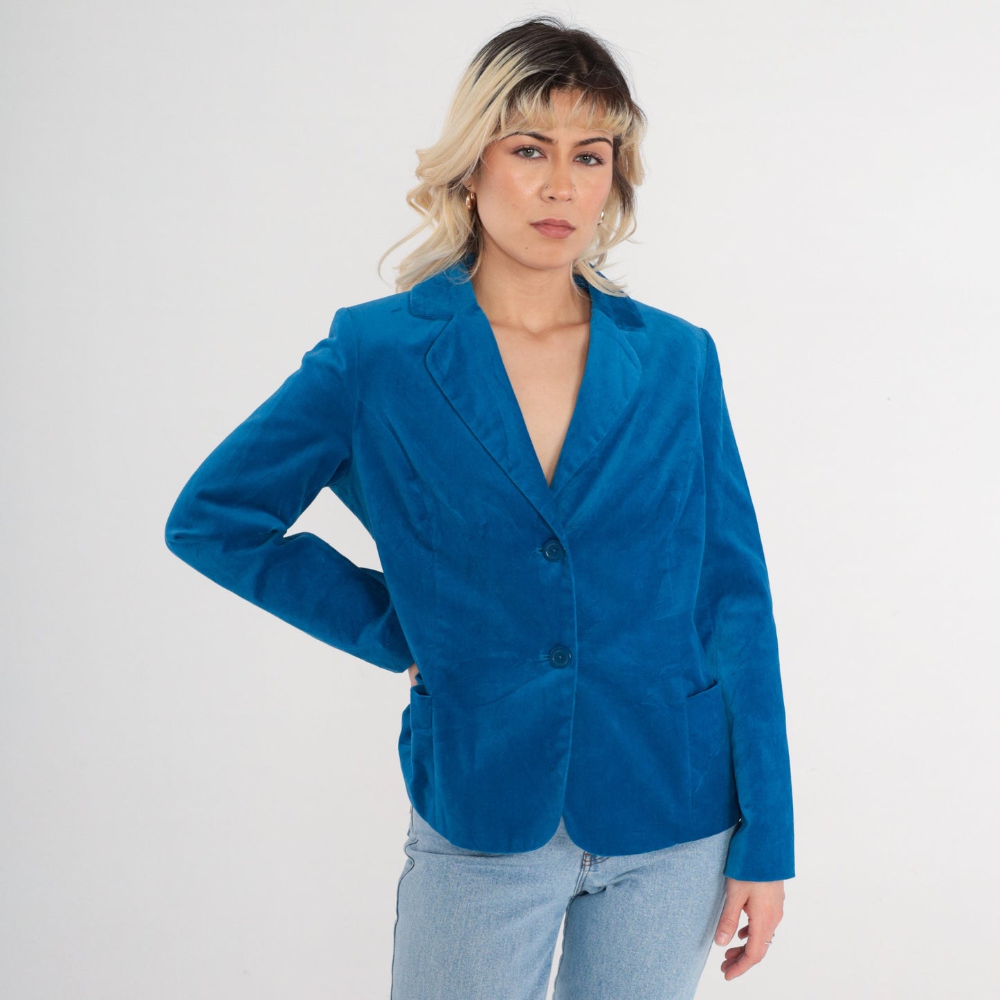 90s Studio Works Blue Velvet Blazer Button-Up Jacket Medium