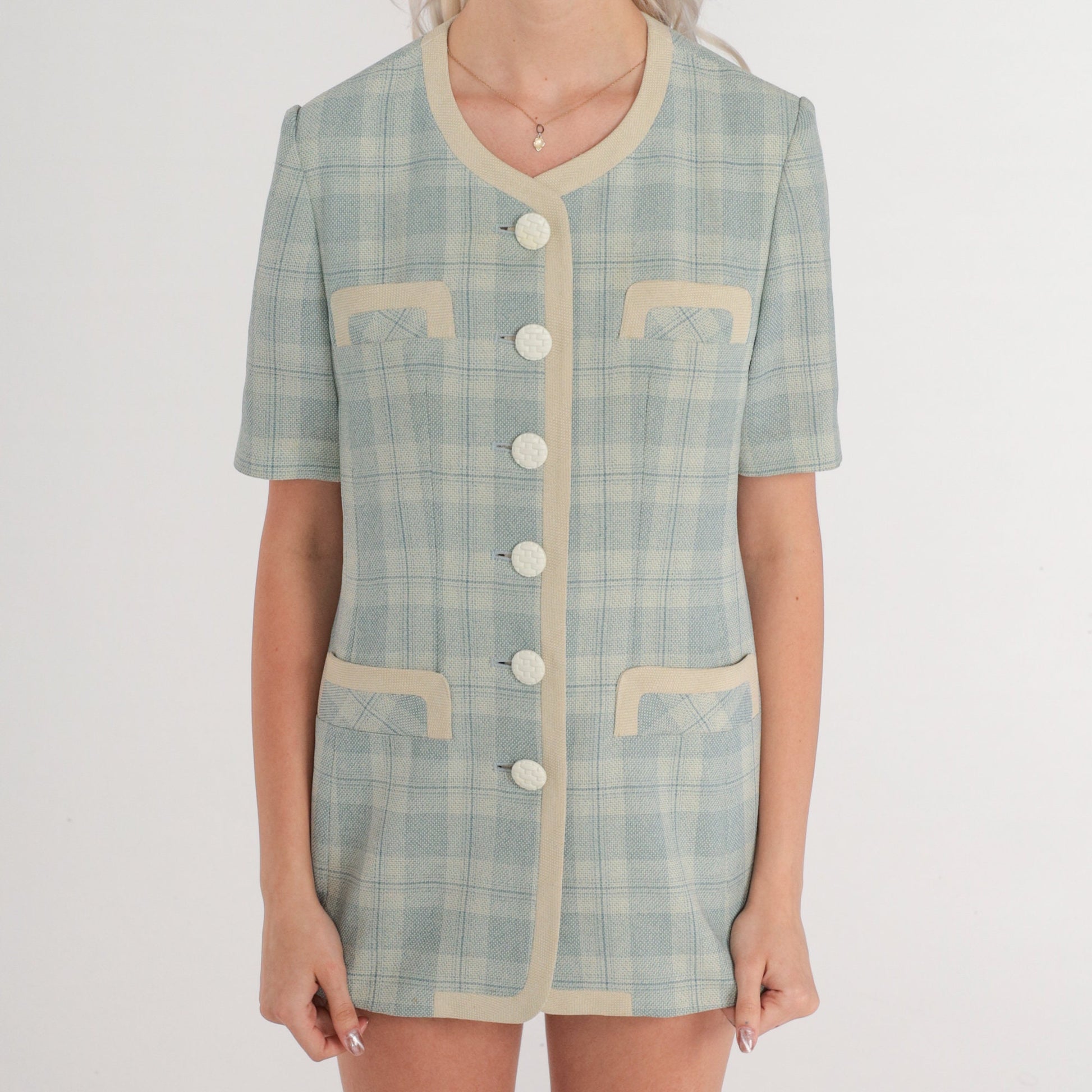 80s Blue Plaid Button-Up Blouse Beige Trim Short Sleeve Extra Small XS