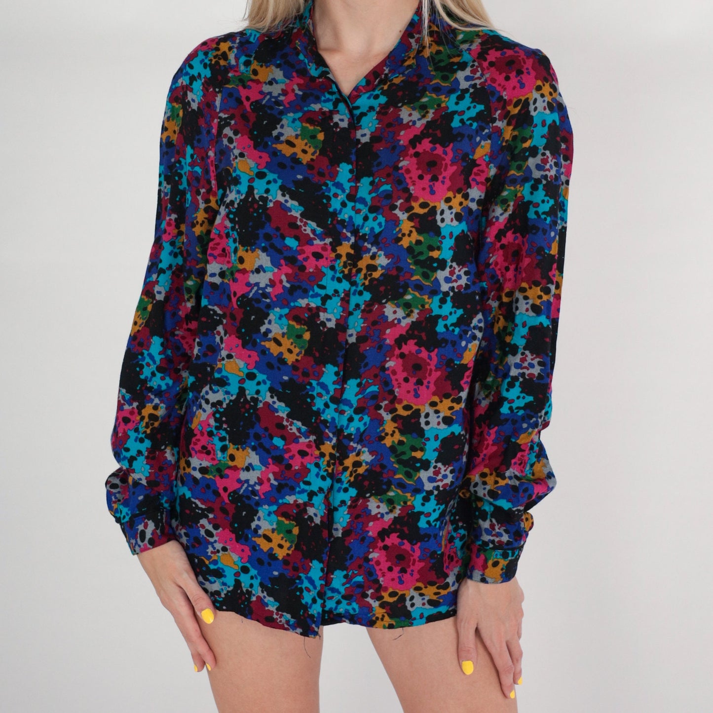 80s Abstract Paint Splatter Button-Up Blouse Multicolor Long Sleeve Small