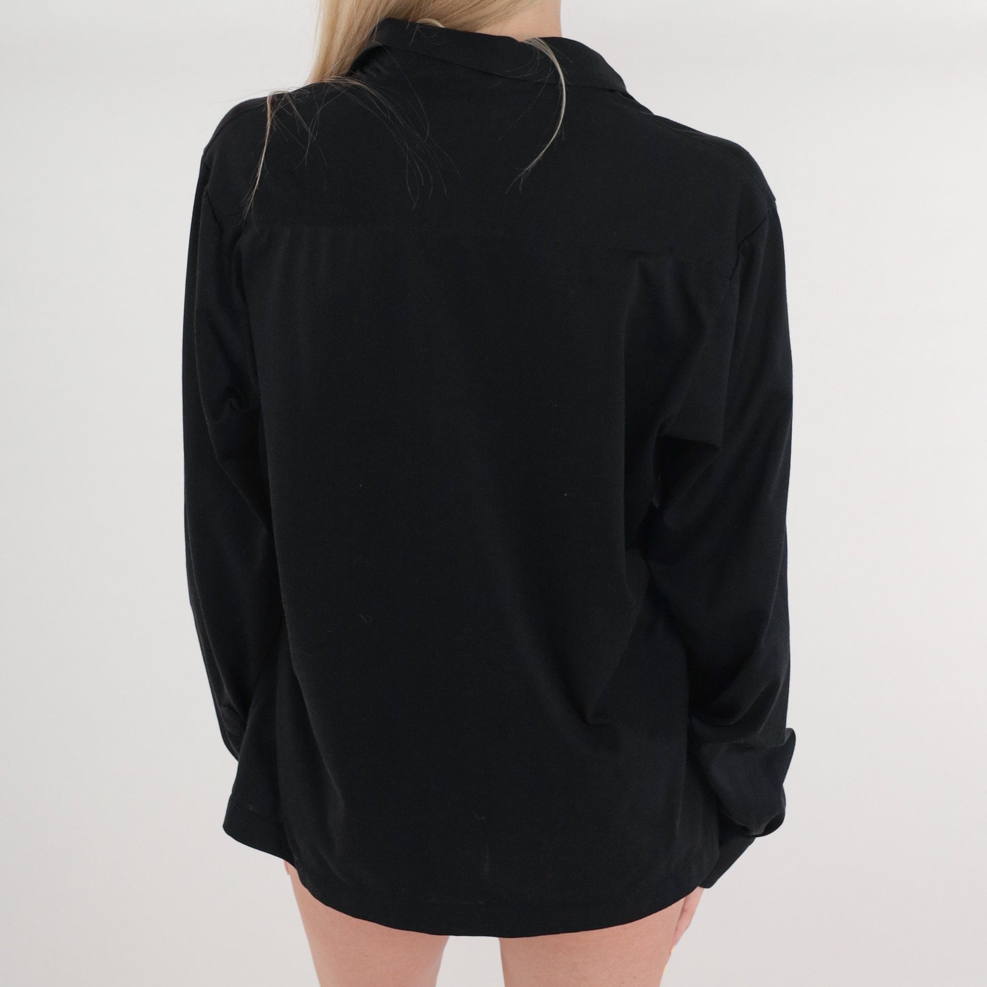 70s Black Polo Shirt Embroidered Square Chest Long Sleeve Collared Large L