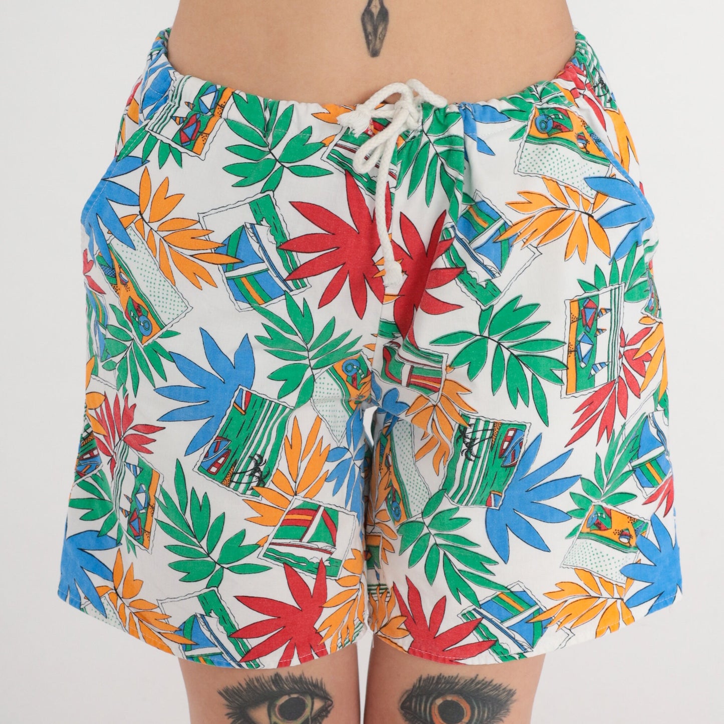 90s Tropical Leaf Boat Print Cotton Shorts High Waist Drawstring White Medium