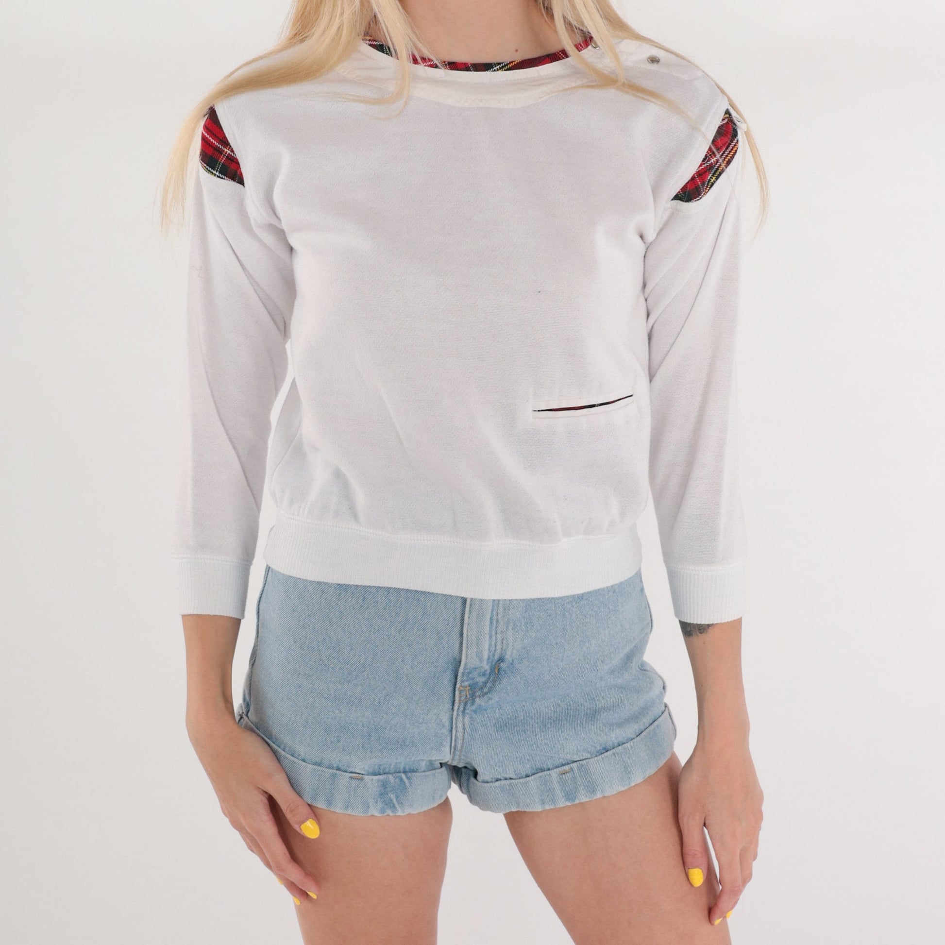 90s White Red Plaid Crewneck Sweatshirt Shoulder Snap Long Sleeve Extra Small