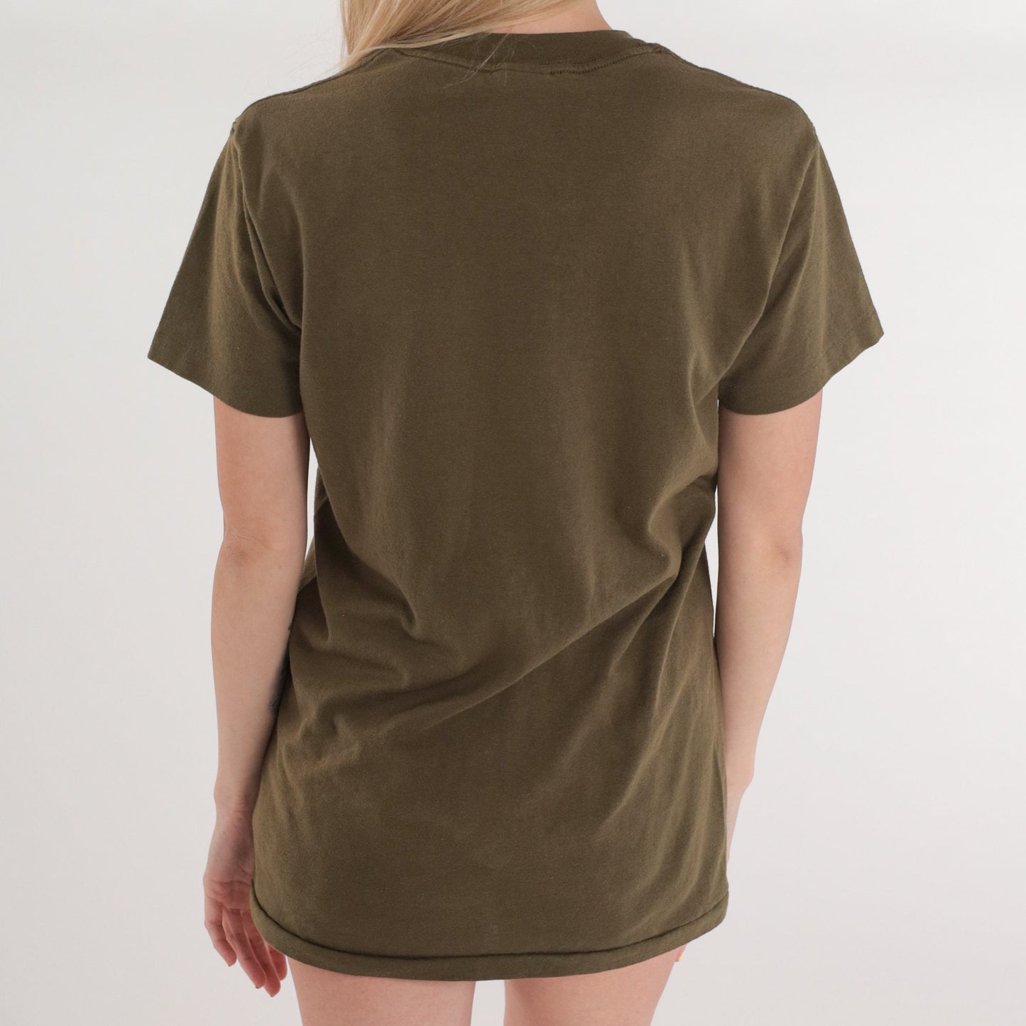 80s Olive Brown Crewneck T-Shirt Single Stitch Plain Tee Small S
