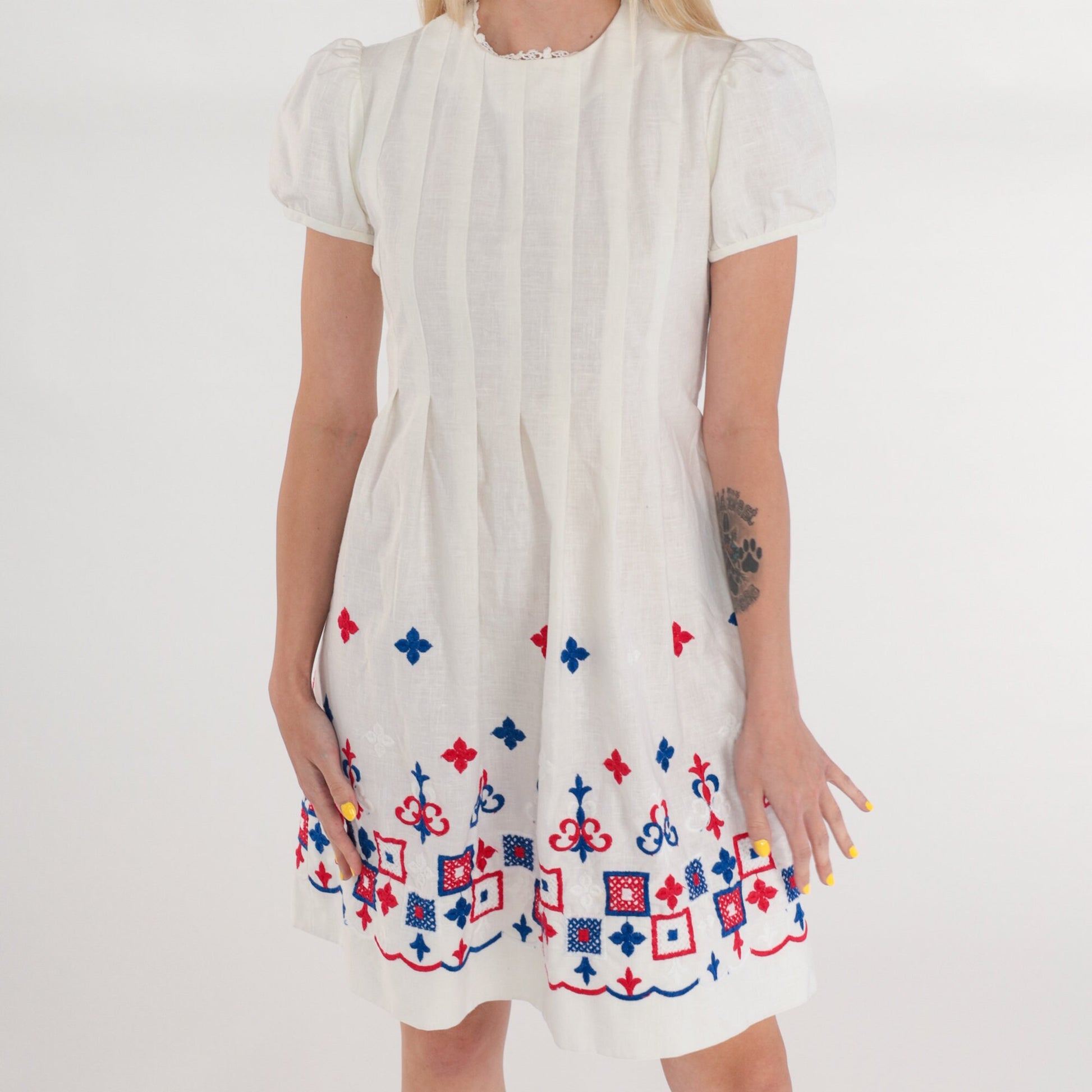 1960s White Puff Sleeve Mini Dress Embroidered Red Blue Lace Trim Small