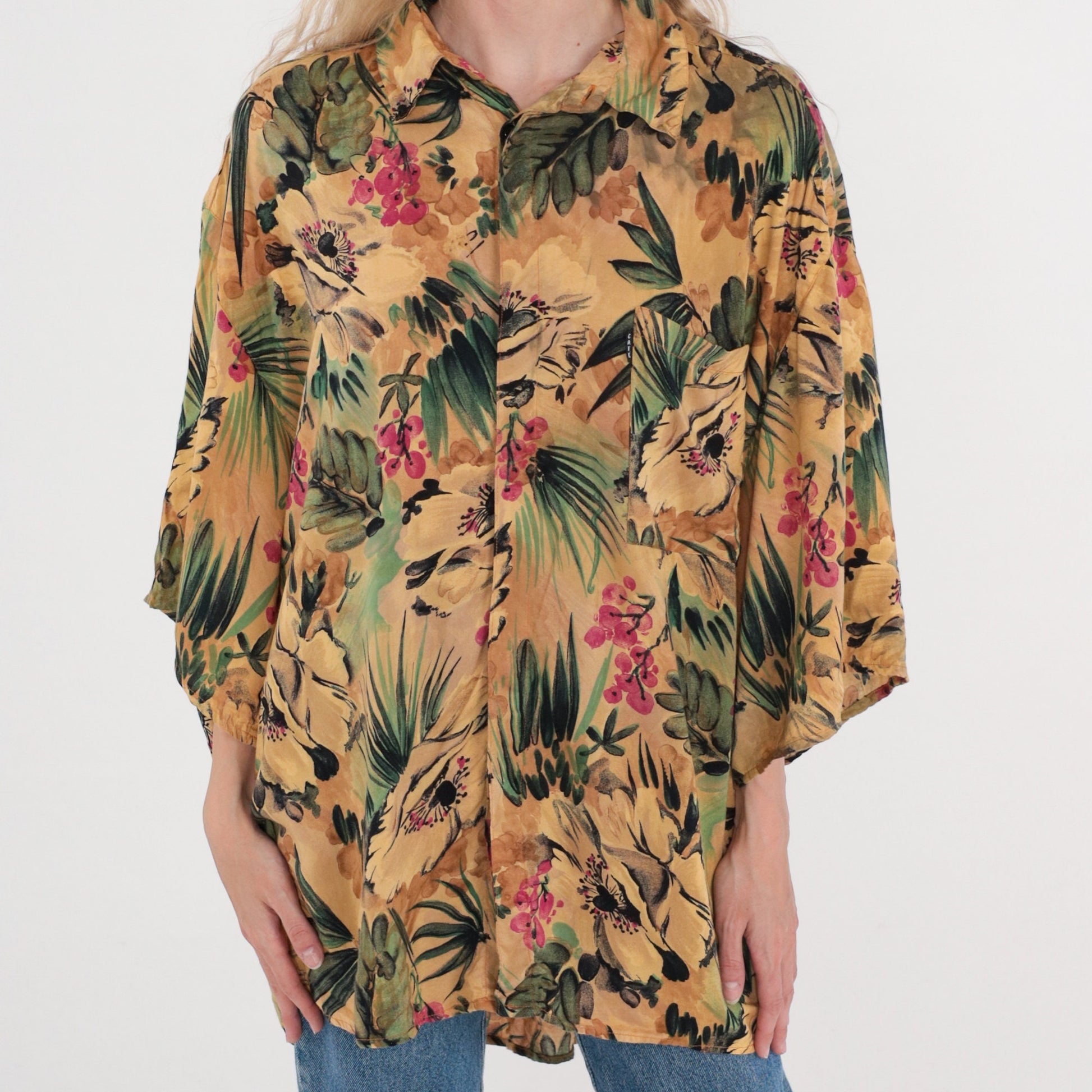90s Tropical Floral Leaf Print Hawaiian Button-Up Shirt Tan Green Pink Men's XL