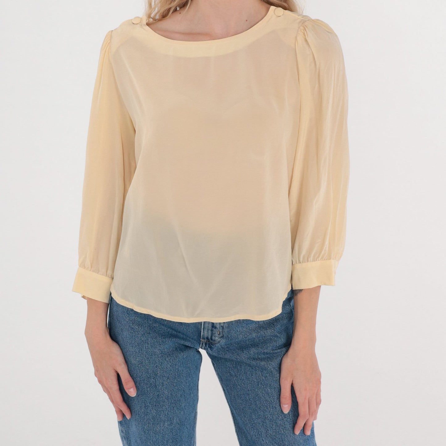 80s Jonathan Martin Cream Silk Blouse Puff Sleeve Button Shoulder Medium