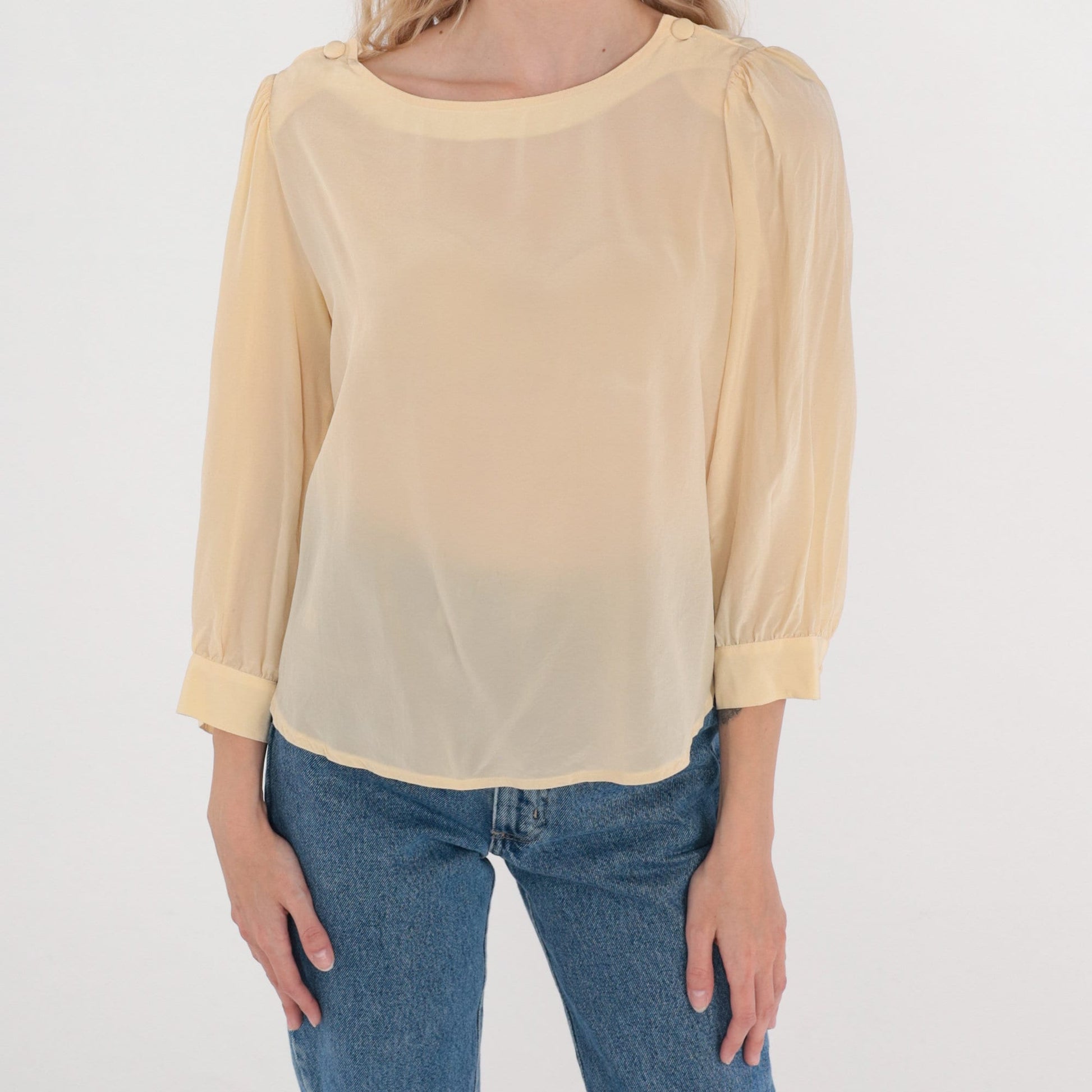 80s Jonathan Martin Cream Silk Blouse Puff Sleeve Button Shoulder Medium