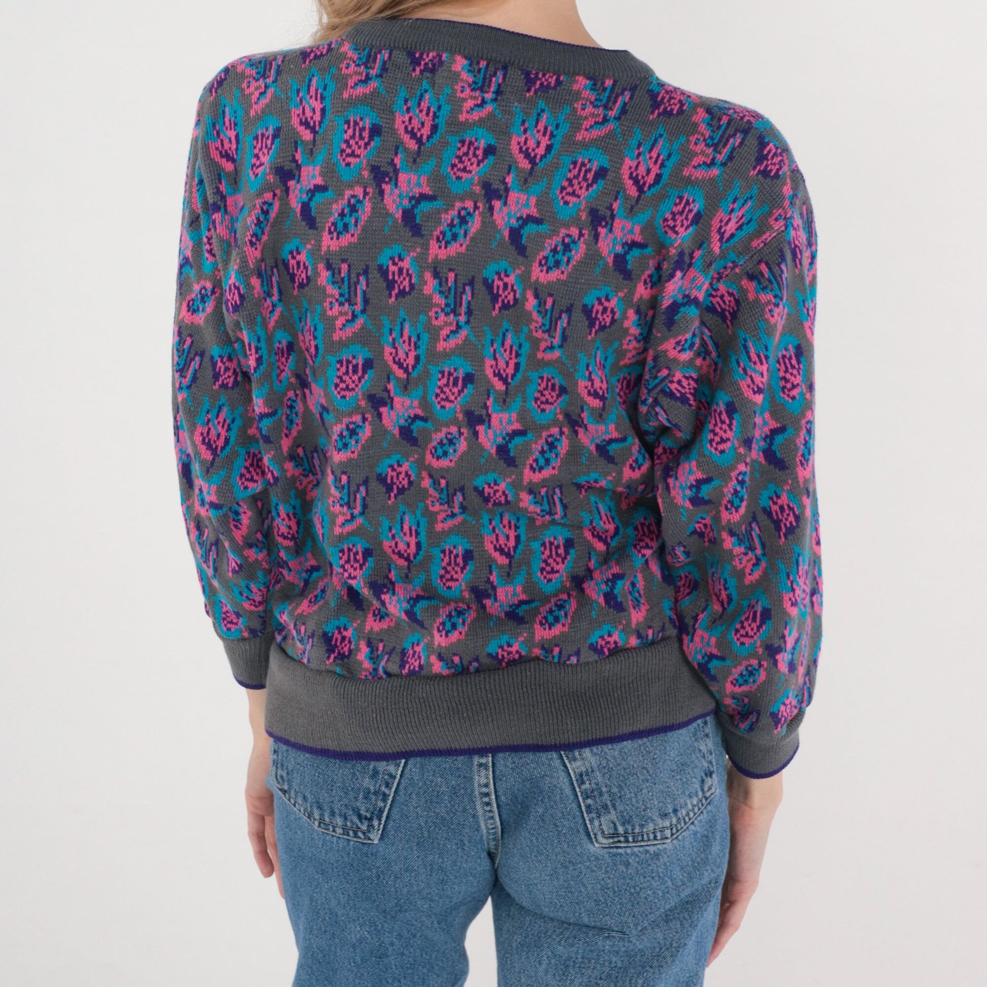 90s Floral Knit Sweater Grey Ringer Crewneck Pink Purple Blue Small