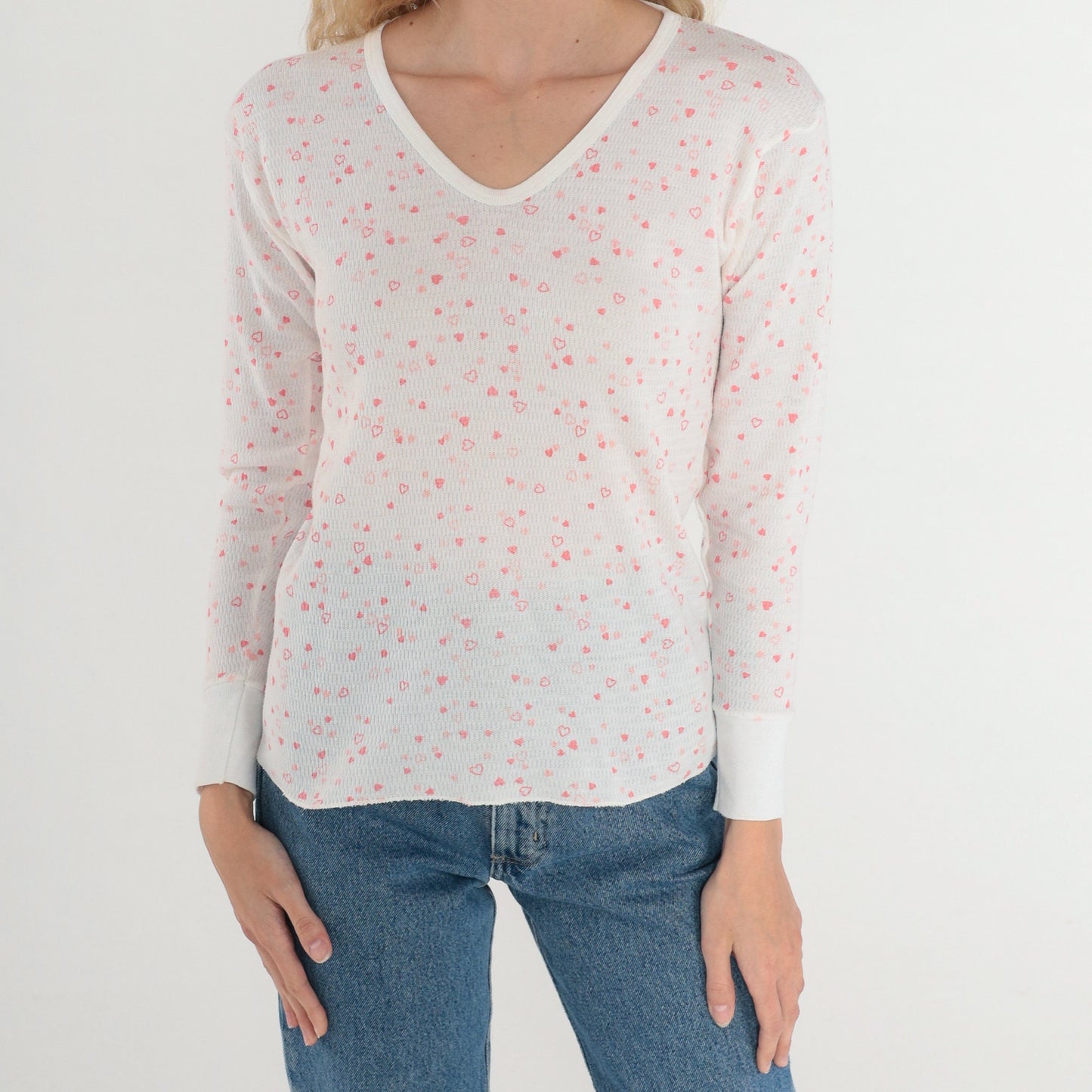 80s Heart Print Waffle Knit Thermal Shirt White V-Neck Long Sleeve Small