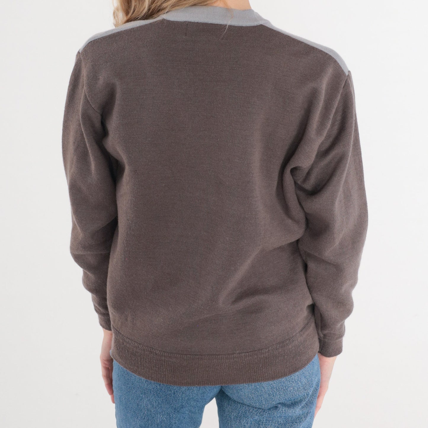 80s Striped V-Neck Sweater Wool Blend Grey Taupe Pullover Small Medium