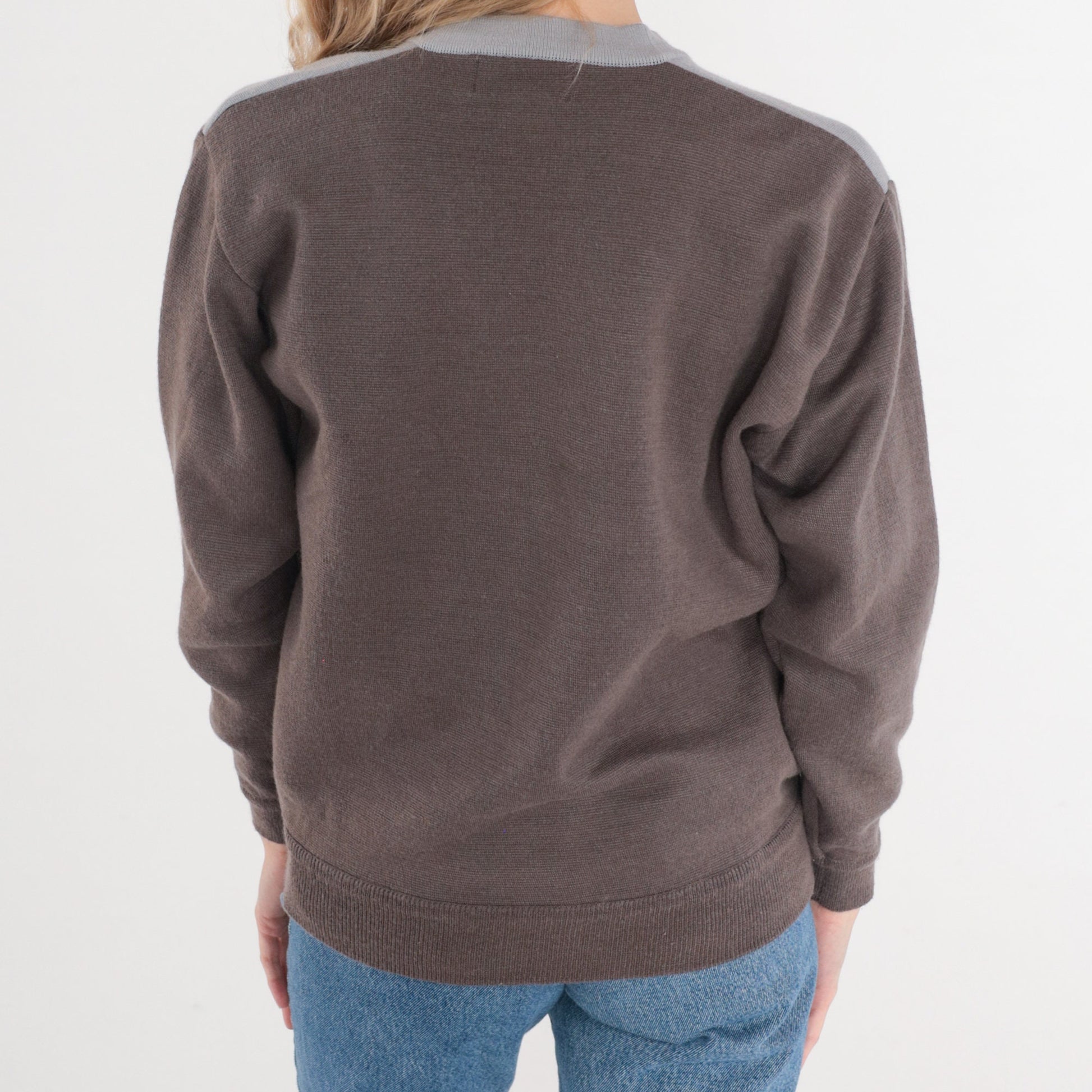 80s Striped V-Neck Sweater Wool Blend Grey Taupe Pullover Small Medium