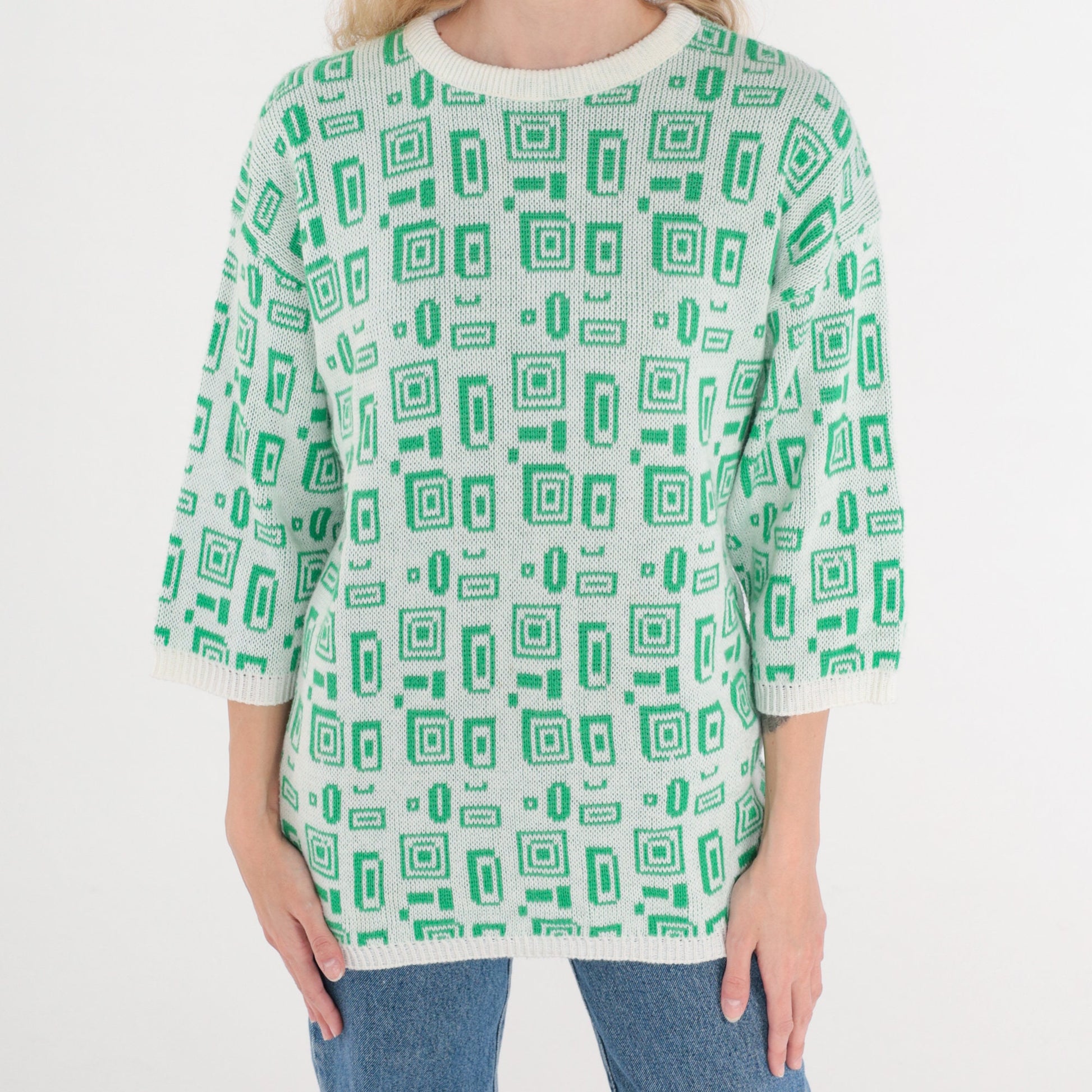 80s Helen Harper Geometric Square Knit Sweater White Green 3/4 Sleeve Small