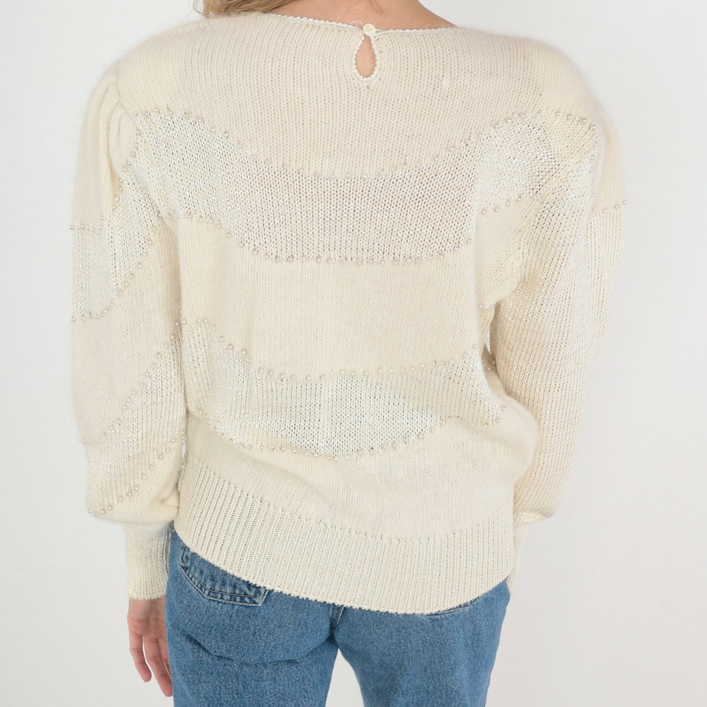 80s Pearl Beaded Off-White Mohair Knit Sweater Puff Sleeve Crewneck Medium M