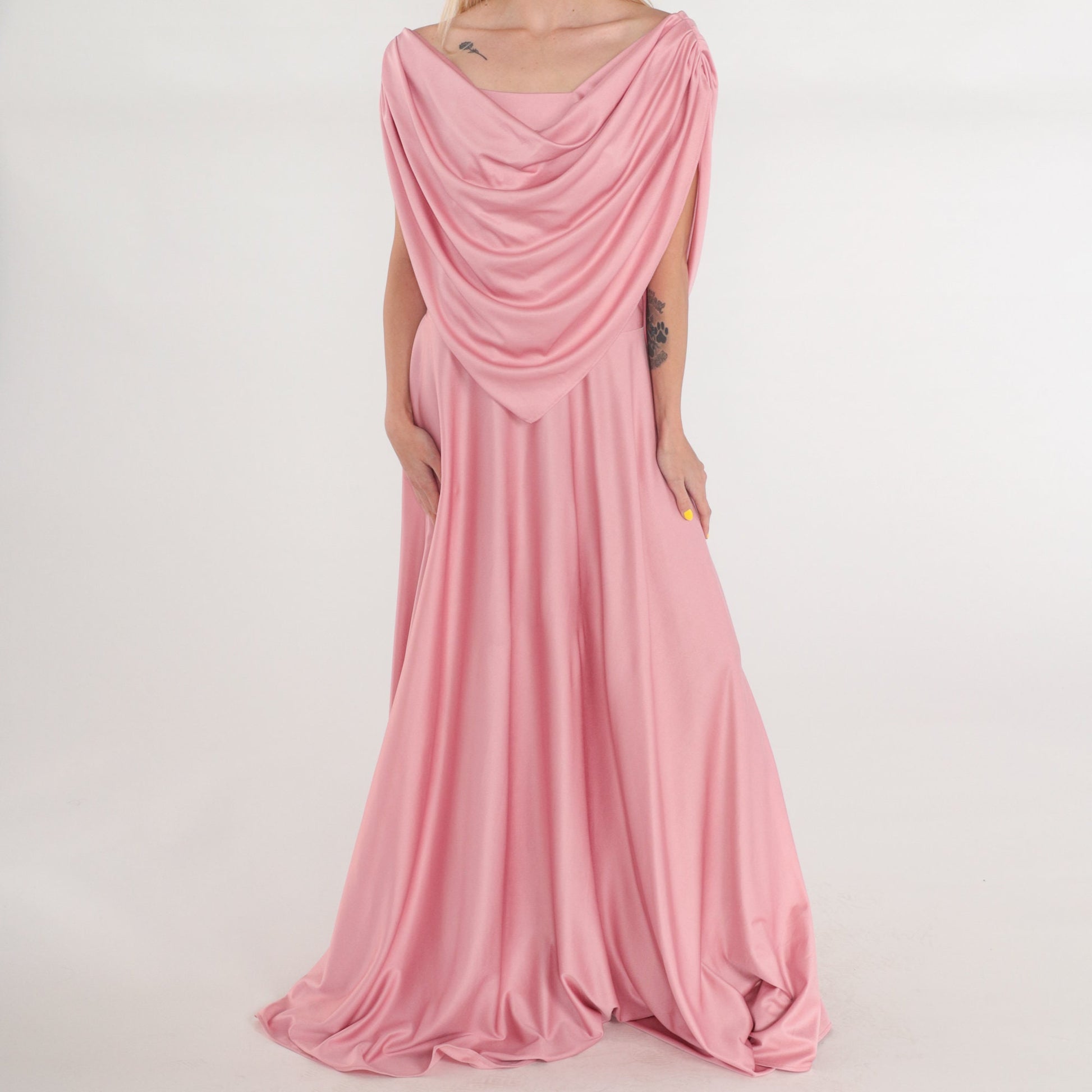 70s Pink Grecian Maxi Dress Off-Shoulder Draped Gown Medium Tall