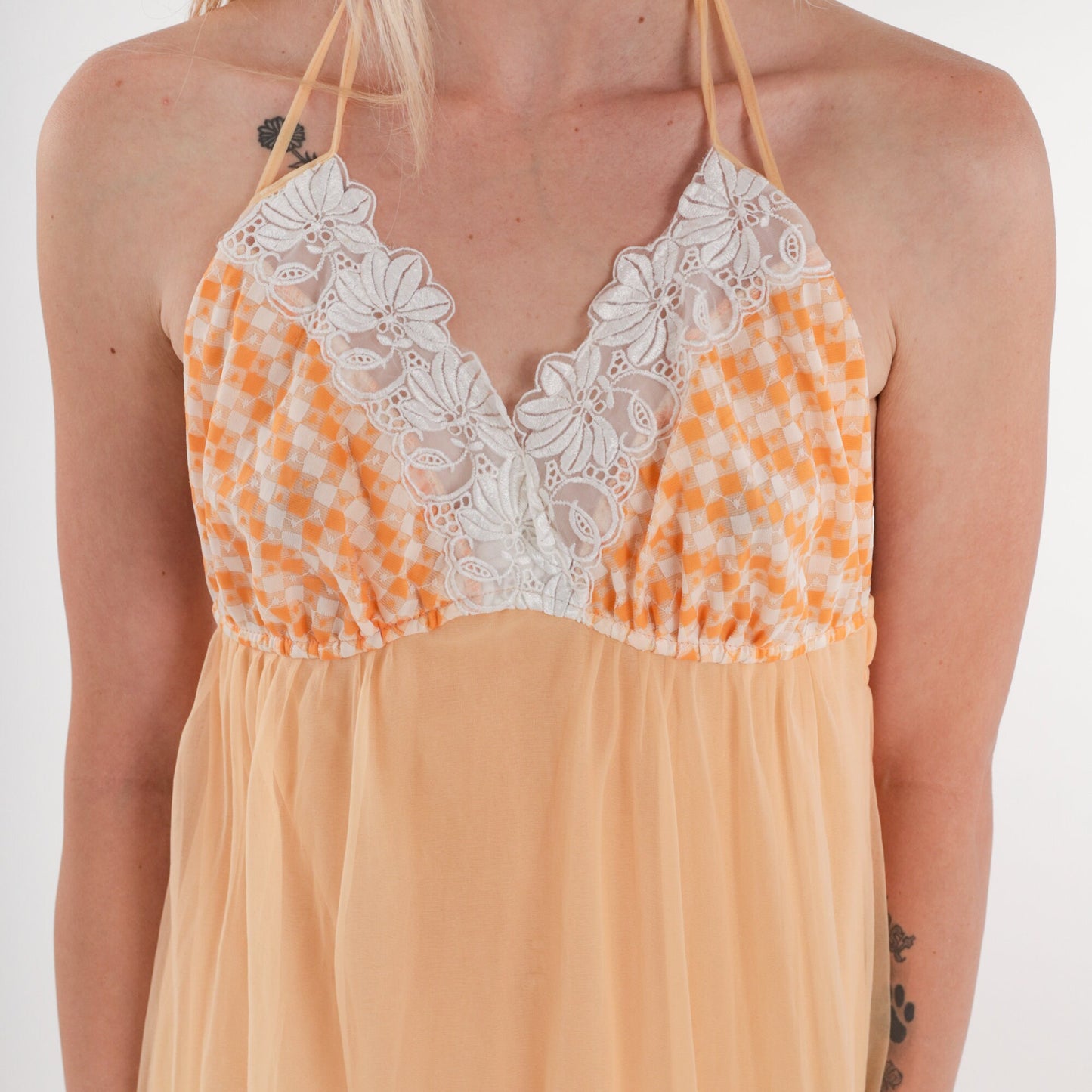 70s Orange Halter Maxi Slip Dress Empire Waist Lace Trim Small