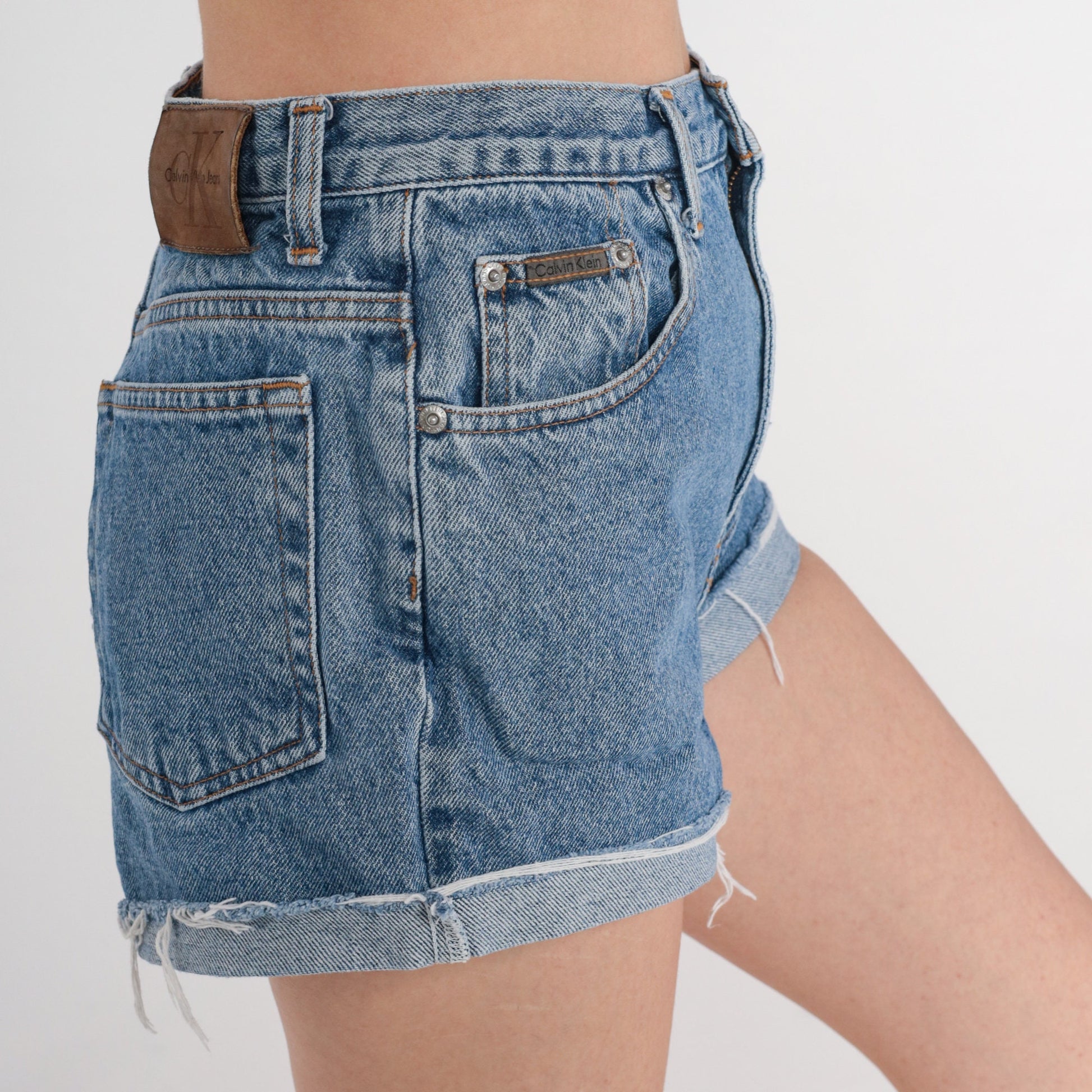 00s Calvin Klein Cut Off Denim Shorts Blue High Waisted Y2K Small