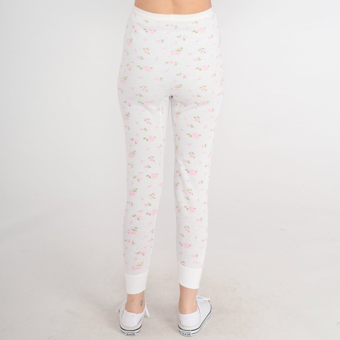 80s Lady Arctex Floral Thermal Pants White Waffle Knit Pink Print XS