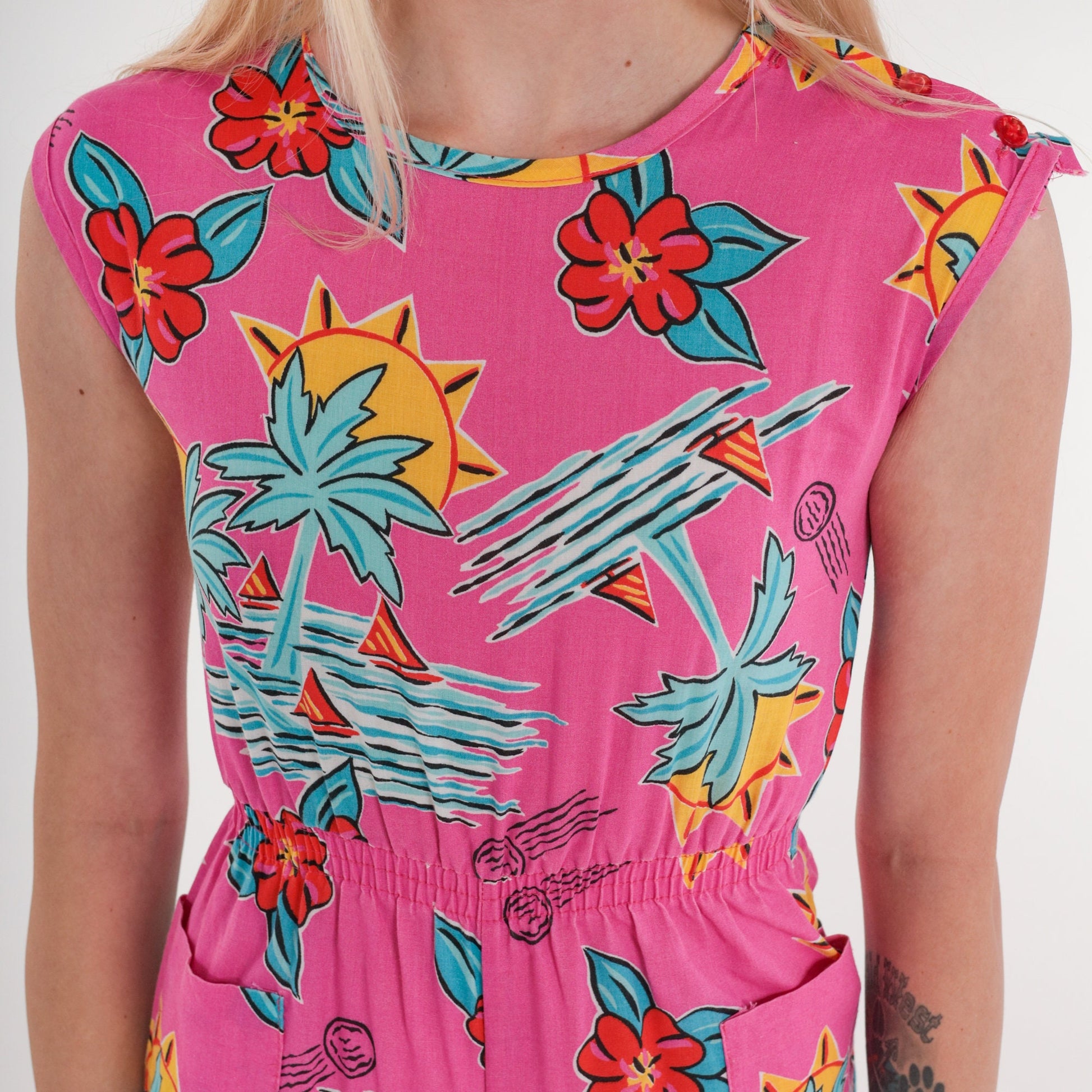 90s Carrots Tropical Romper Pink Floral Palm Print Cap Sleeve Mini 2XS