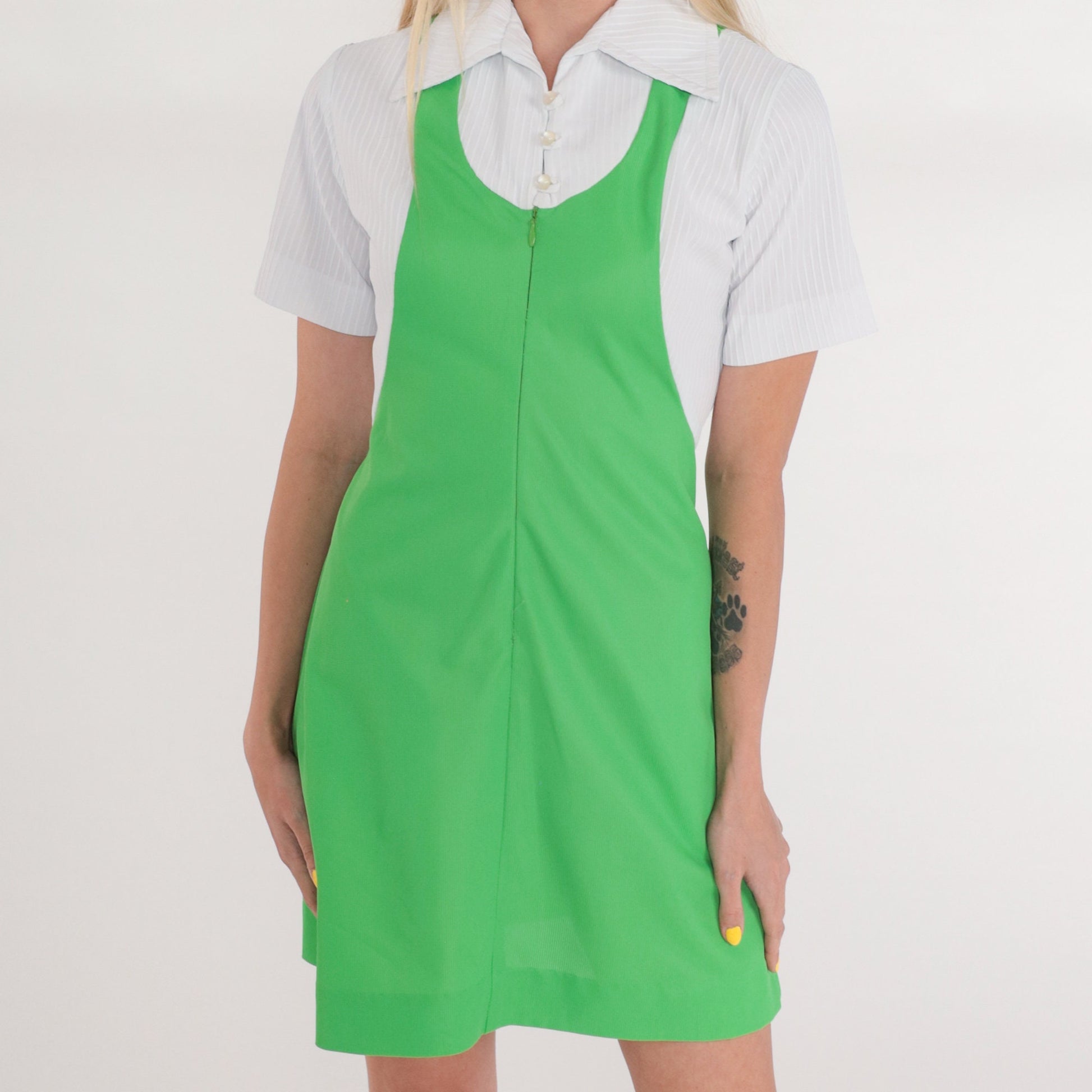 60s Lady Diane Mod Mini Shift Dress Green White Colorblock XS