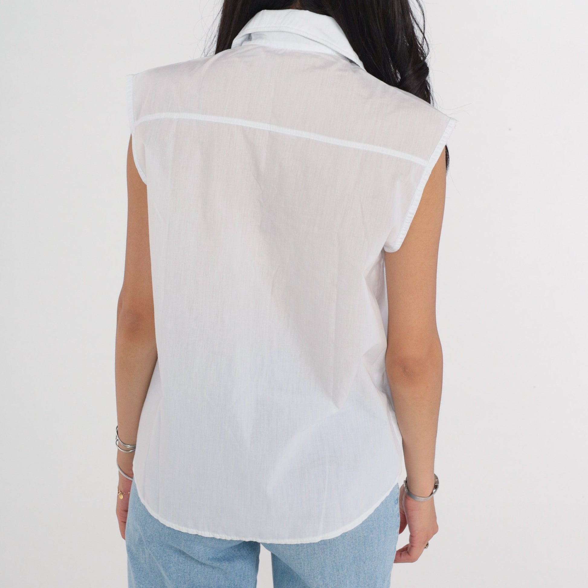 80s White Floral Embroidered Tank Top Button-Up Blouse Medium Large