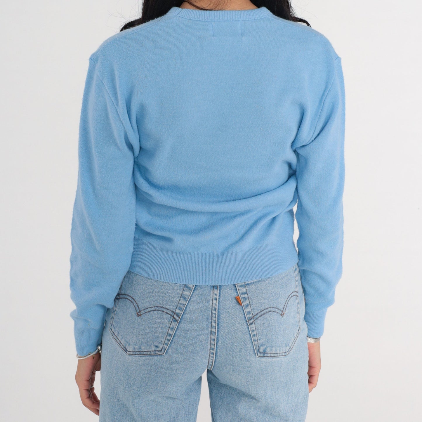 80s Cornflower Blue V-Neck Knit Pullover Sweater Small Medium
