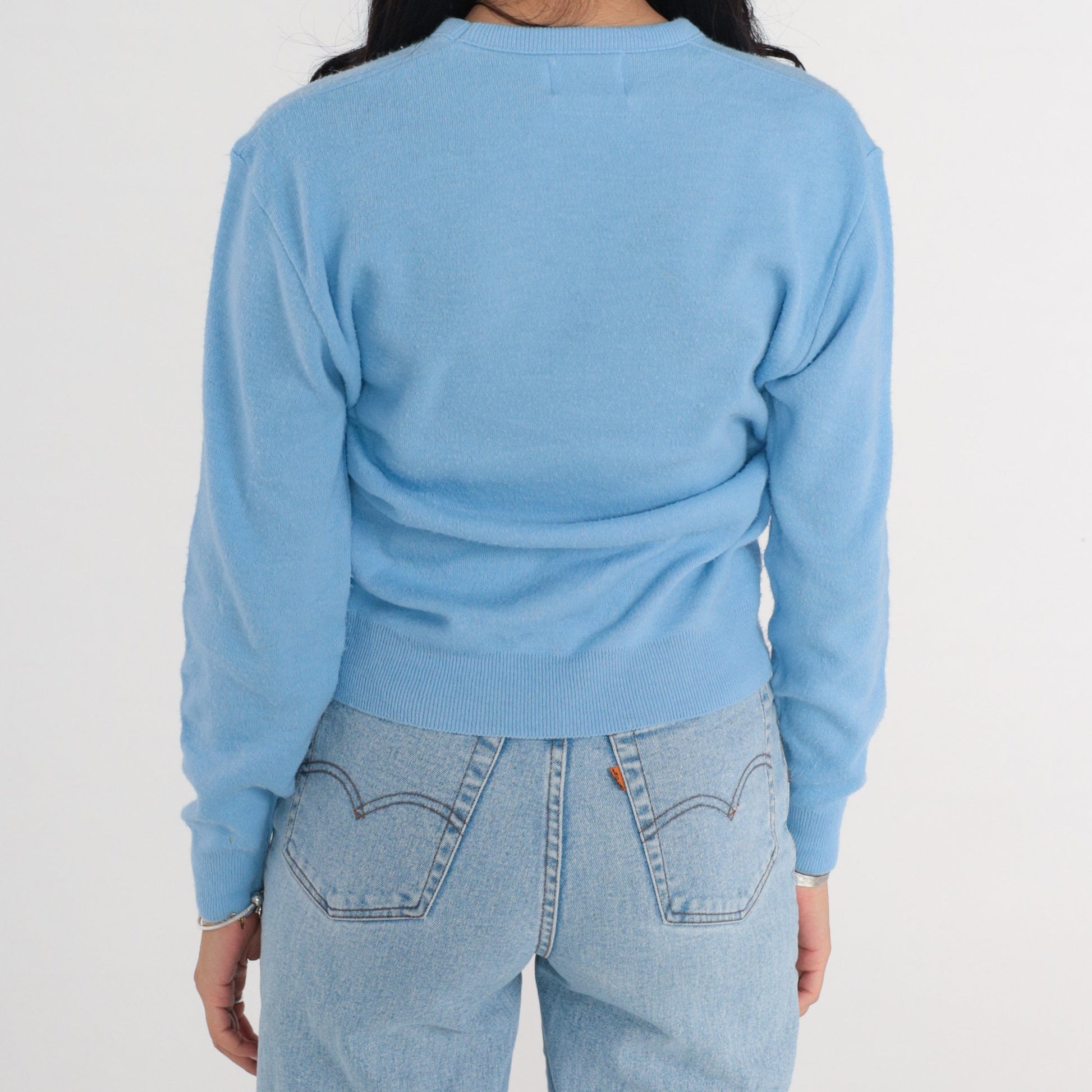 80s Cornflower Blue V-Neck Knit Pullover Sweater Small Medium