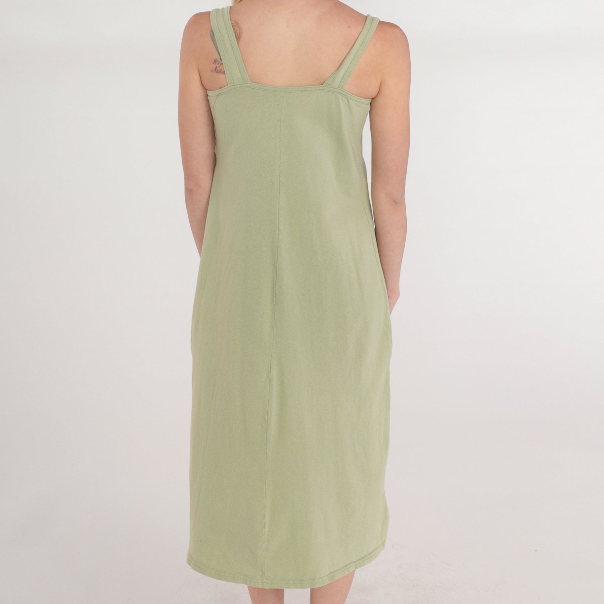 90s Green Floral Midi Sundress Sleeveless Painted Print Pocket Small